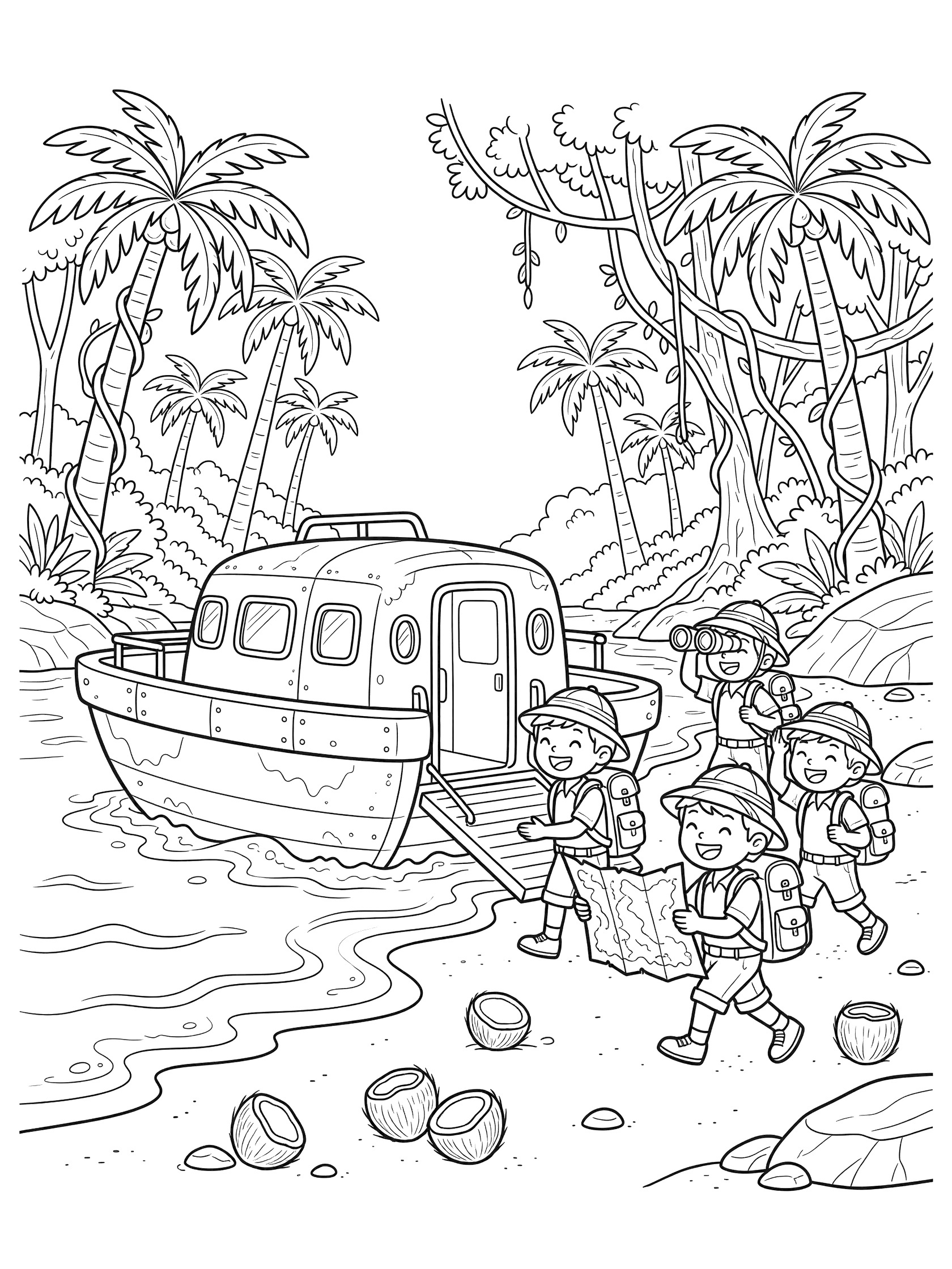 Black-and-white coloring page of a cartoon landing craft with lowered ramp on a beach, cheerful explorers with hats, backpacks, treasure map, and binoculars stepping out amid palm trees, vines, coconuts, rocks, and gentle waves.
