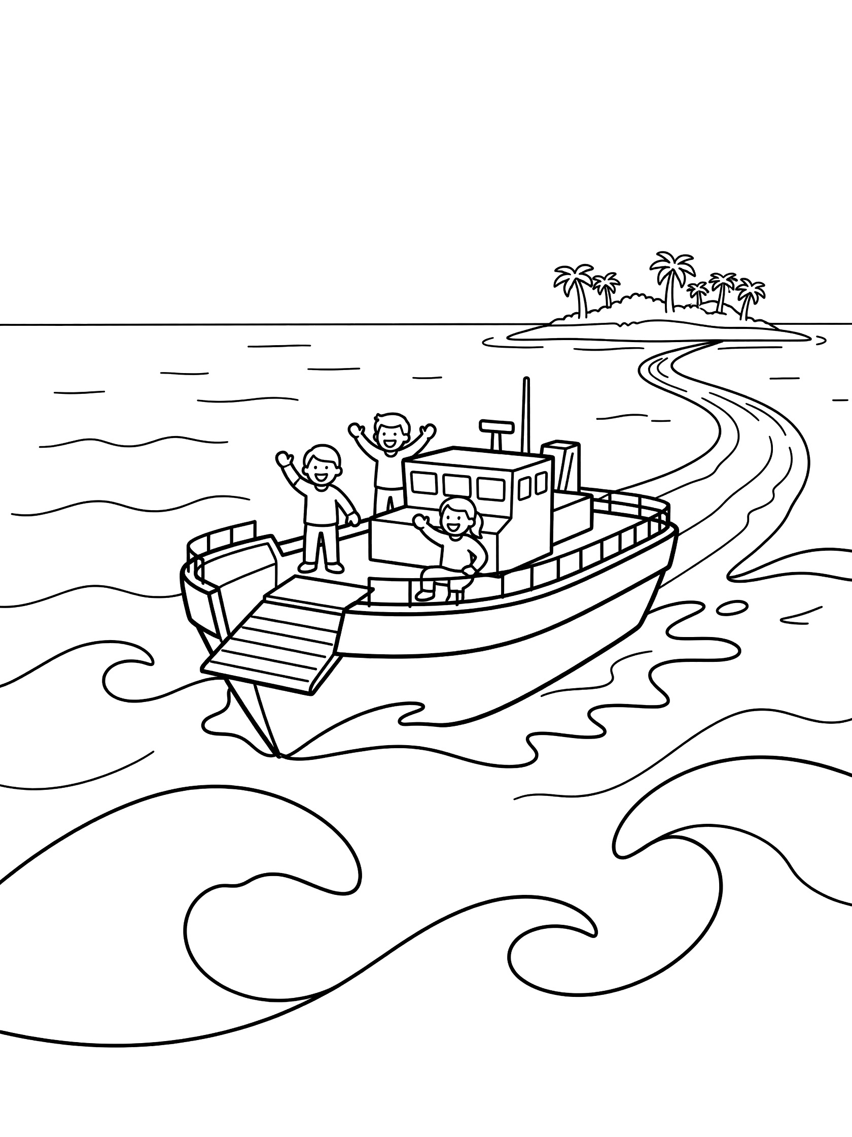 Black and white line art of a military landing craft boat chugging through waves toward a distant island with crew members waving on the open deck