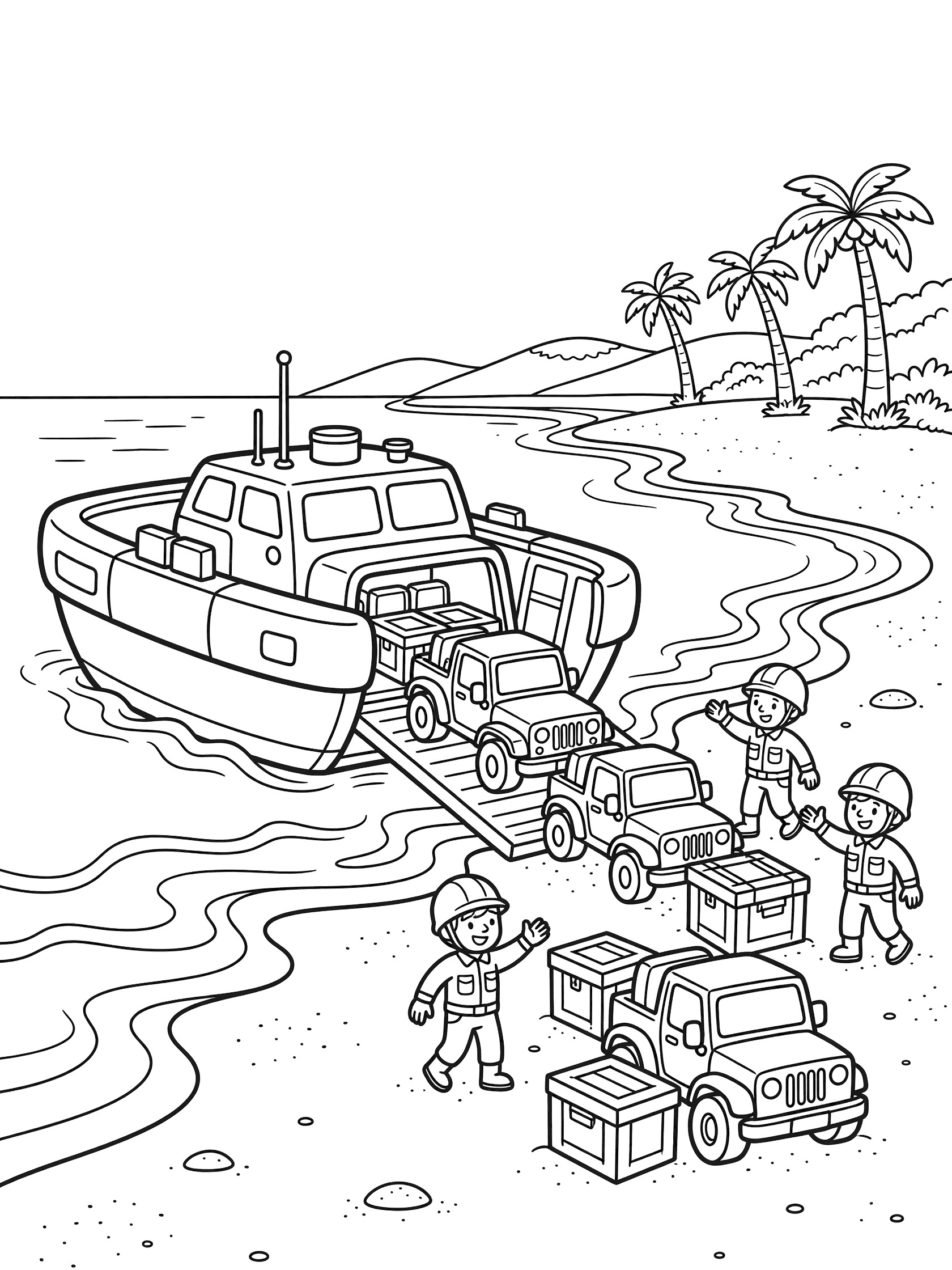 Doodle-style coloring page showing a military landing craft with lowered ramp unloading cartoon jeeps and supply crates onto a beach, guided by friendly soldiers, with waves, palm trees, and hills.