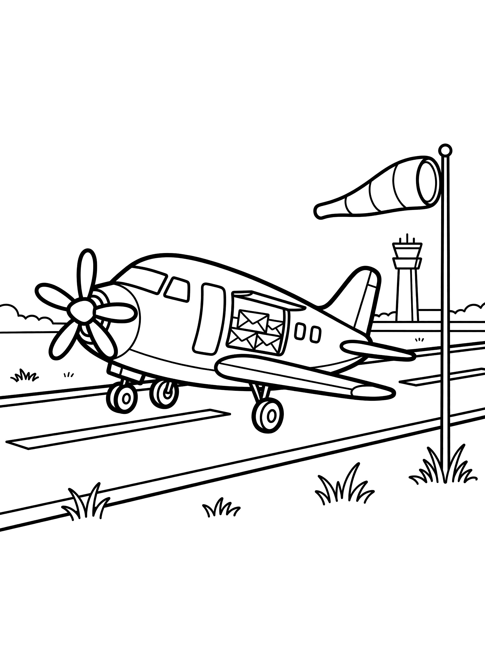 Simple line art coloring page showing a propeller mail plane landing on a striped runway with wheels down, open cargo door with mail bags, waving windsock, grass, and airport tower.