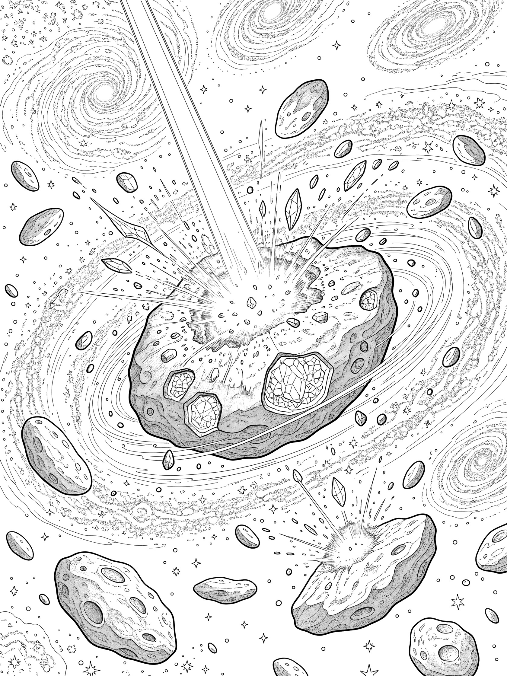 Black and white line art coloring page showing a powerful laser beam hitting an asteroid, breaking off glowing chunks and crystals amid swirling galaxy stars and nearby asteroids.