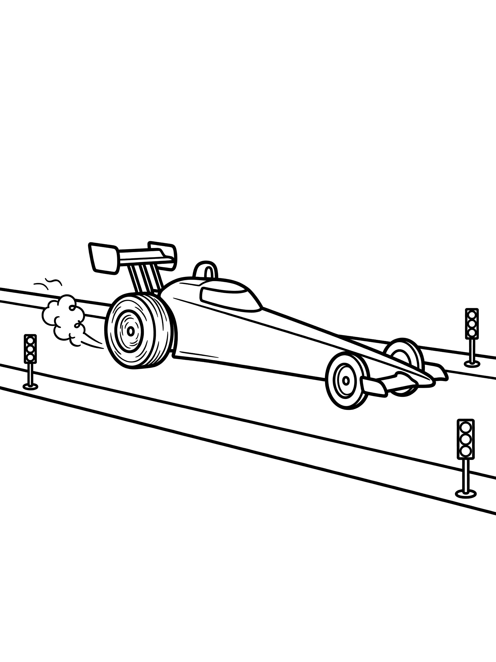 Black and white line art of a dragster race car angled forward on a straight track, rear wheels spinning with smoke, front wheels lifted, starting lights on sides.