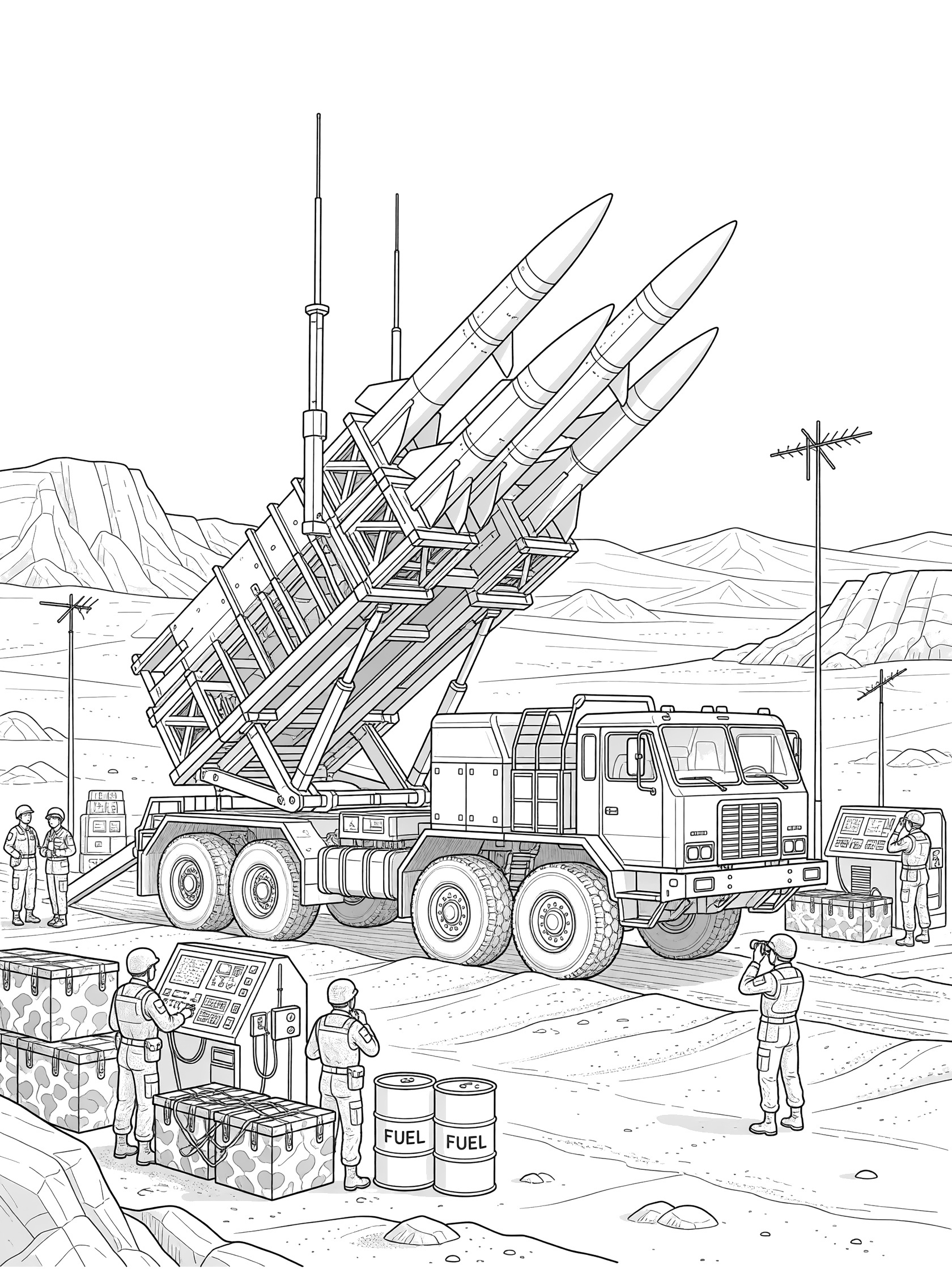 Black and white line art coloring page of a launch ready missile launcher truck with elevated missiles, soldiers at controls, fuel drums, crates, and desert background.