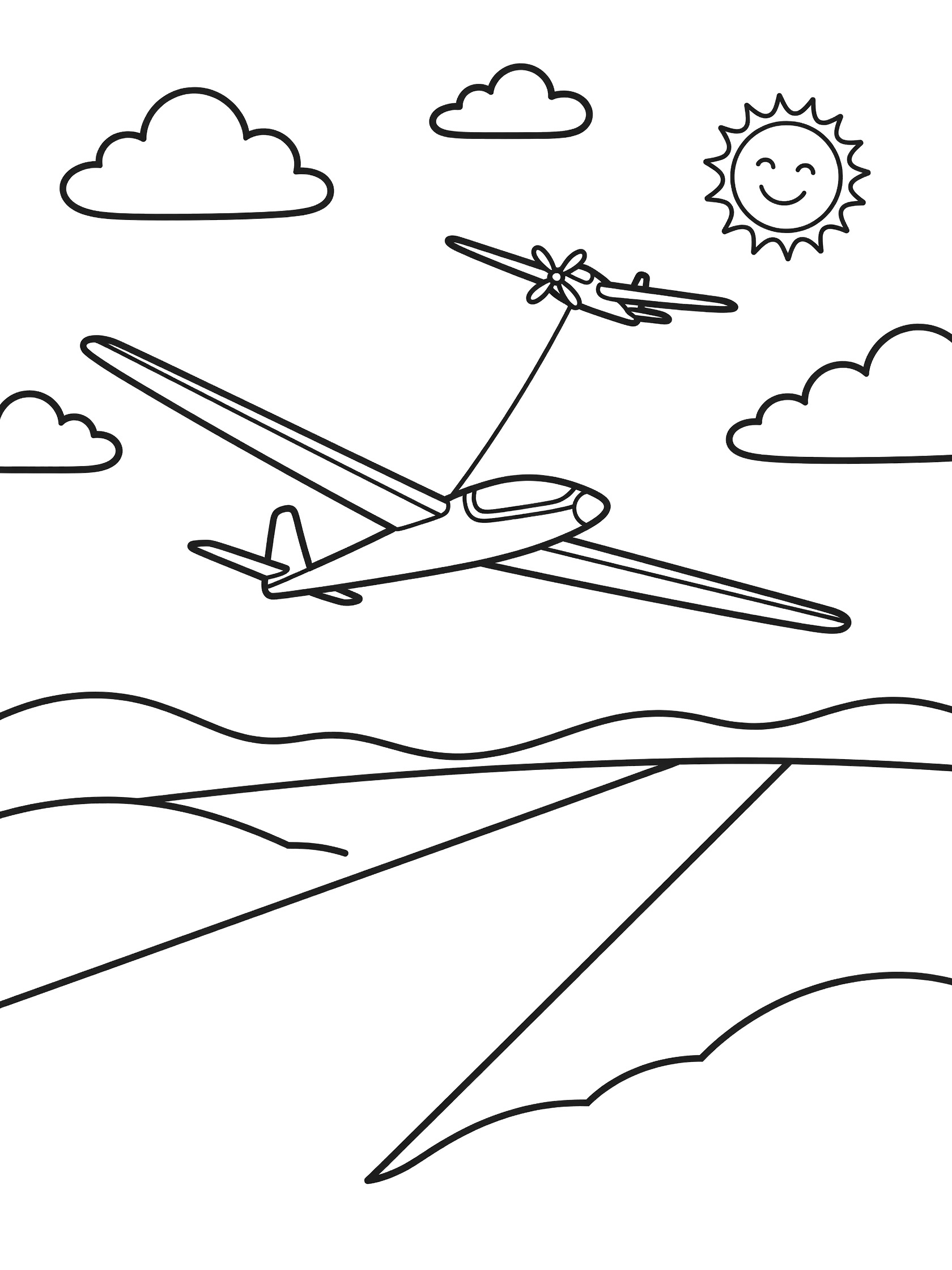 Printable coloring page showing a glider airplane towed upward by a small propeller plane, with clouds, smiling sun, hills, and runway below.