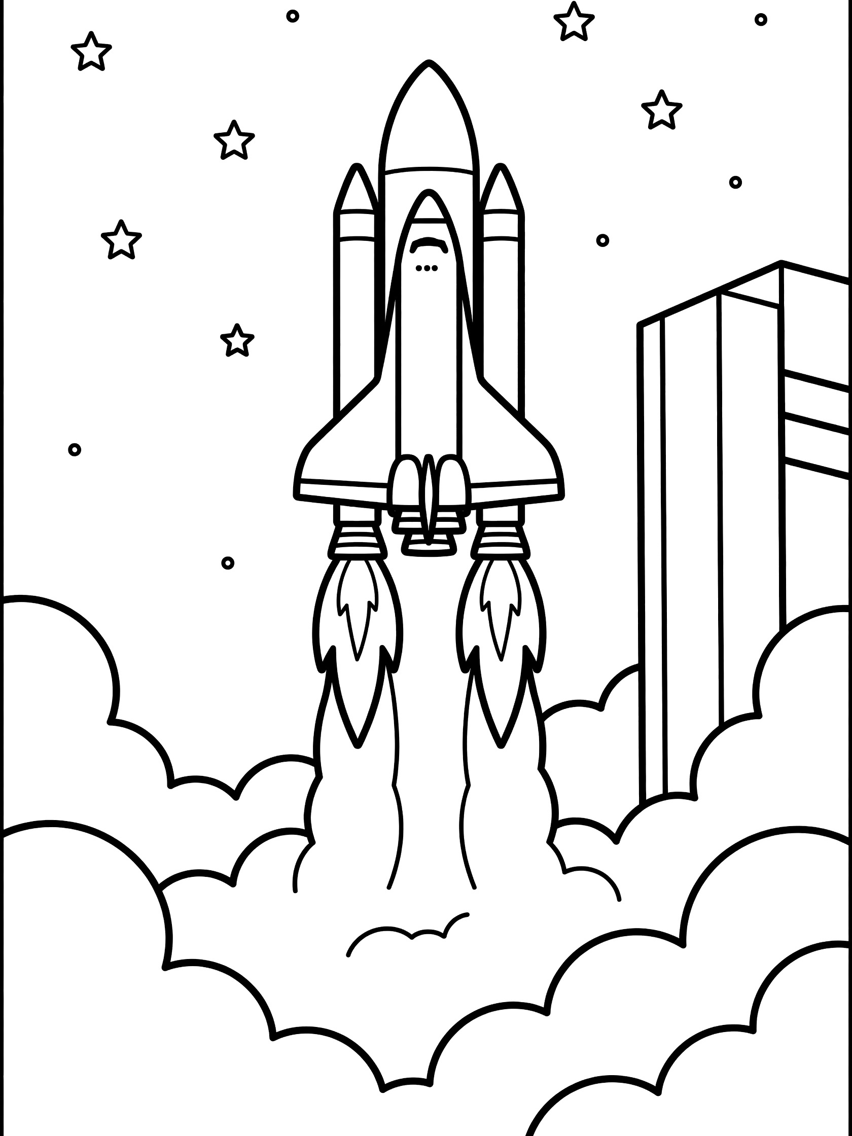 Black and white line art of orbiter spacecraft blasting off from launch pad with engine flames, billowing smoke, stars and tall tower.