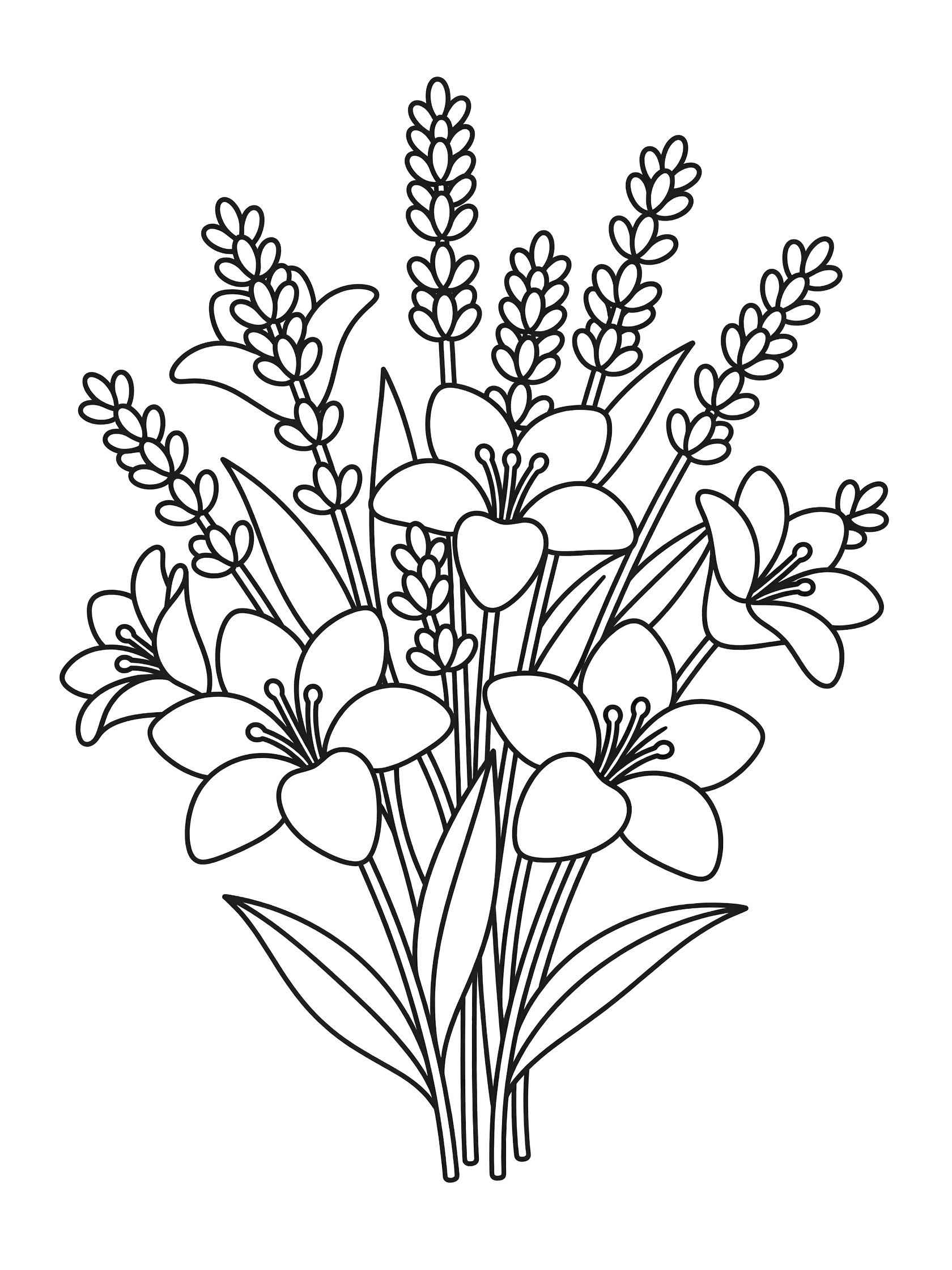 Black and white line drawing of a bouquet with tall lavender flower spikes and open lily flowers with stems and leaves. Bouquets themed black and white printable line art