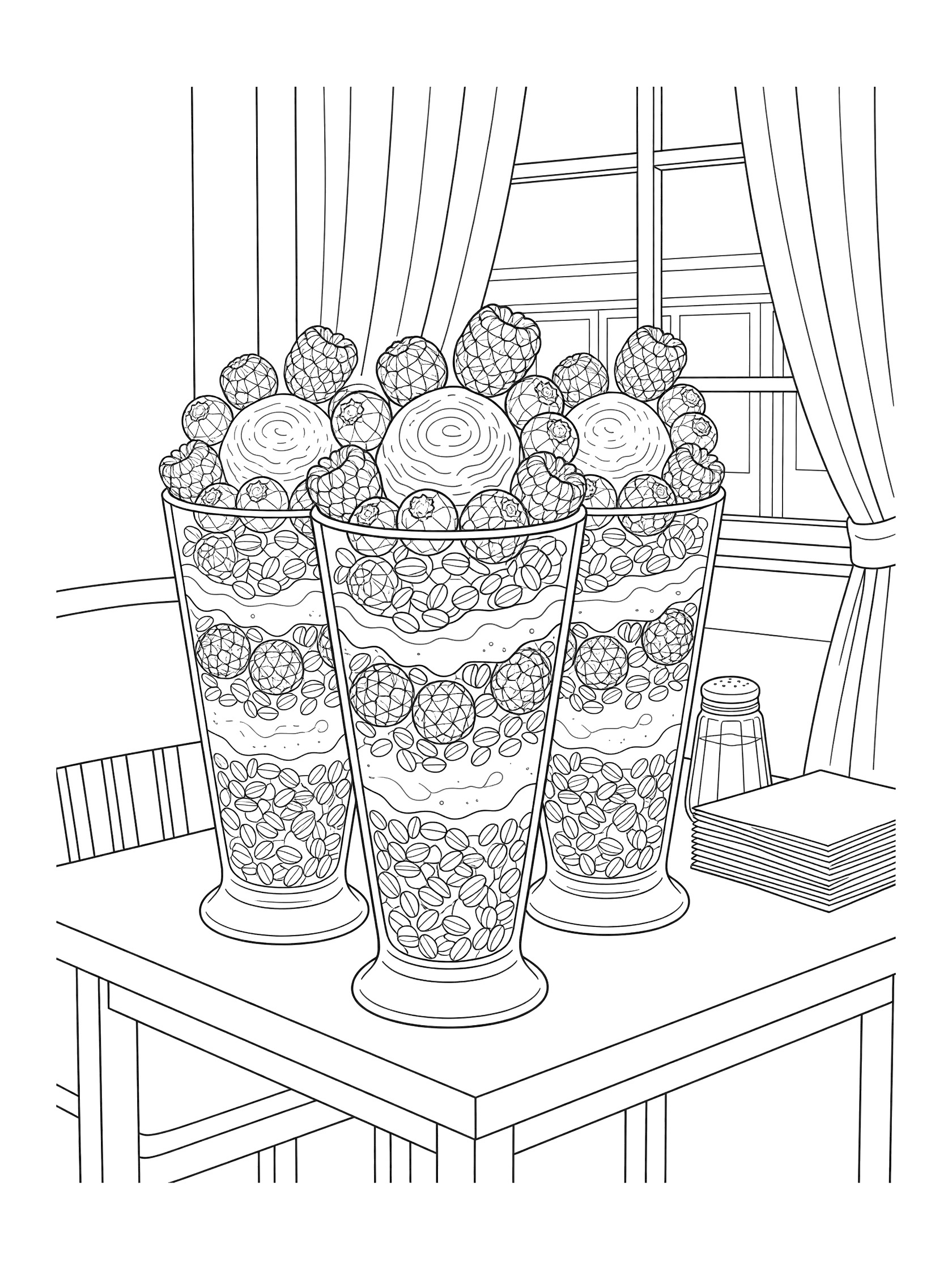 Printable coloring page of three tall layered sundaes topped with berries and ice cream scoops, on a cafe table with sugar shaker, napkins, chairs, and soft curtains by the window.