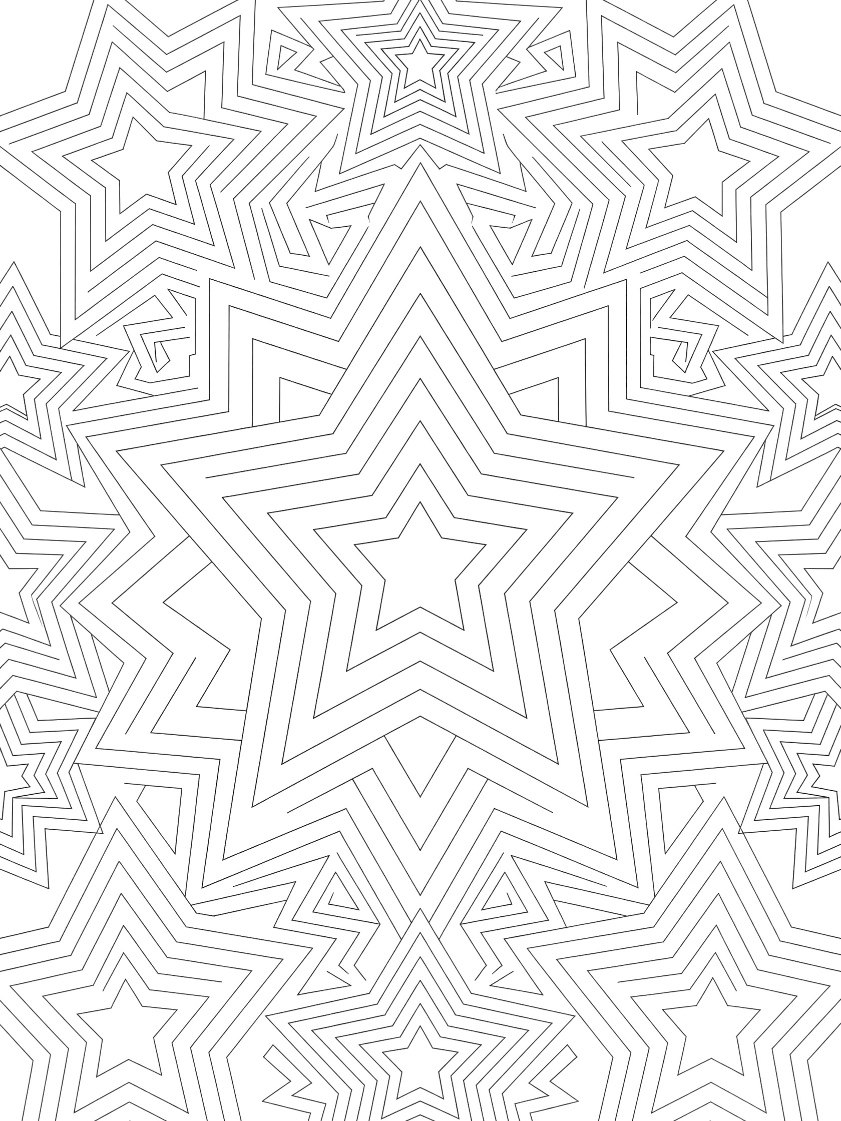Black and white line art coloring page featuring a large central star with layered concentric outlines surrounded by smaller radiating star patterns on white background.