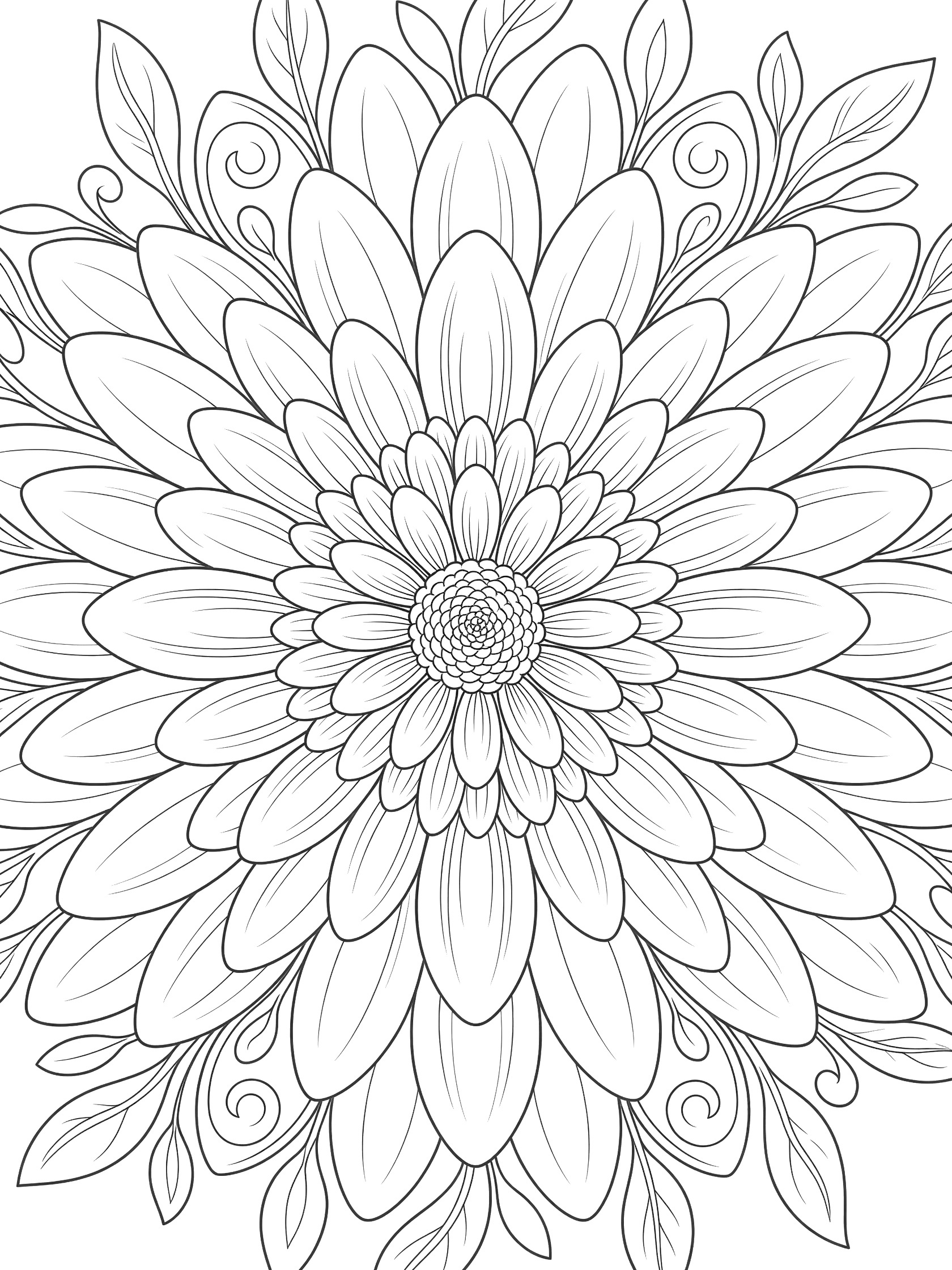 Black and white line art of a Daisy Mandala with multiple layers of petals, central flower, leaves, and vines in perfect symmetry.