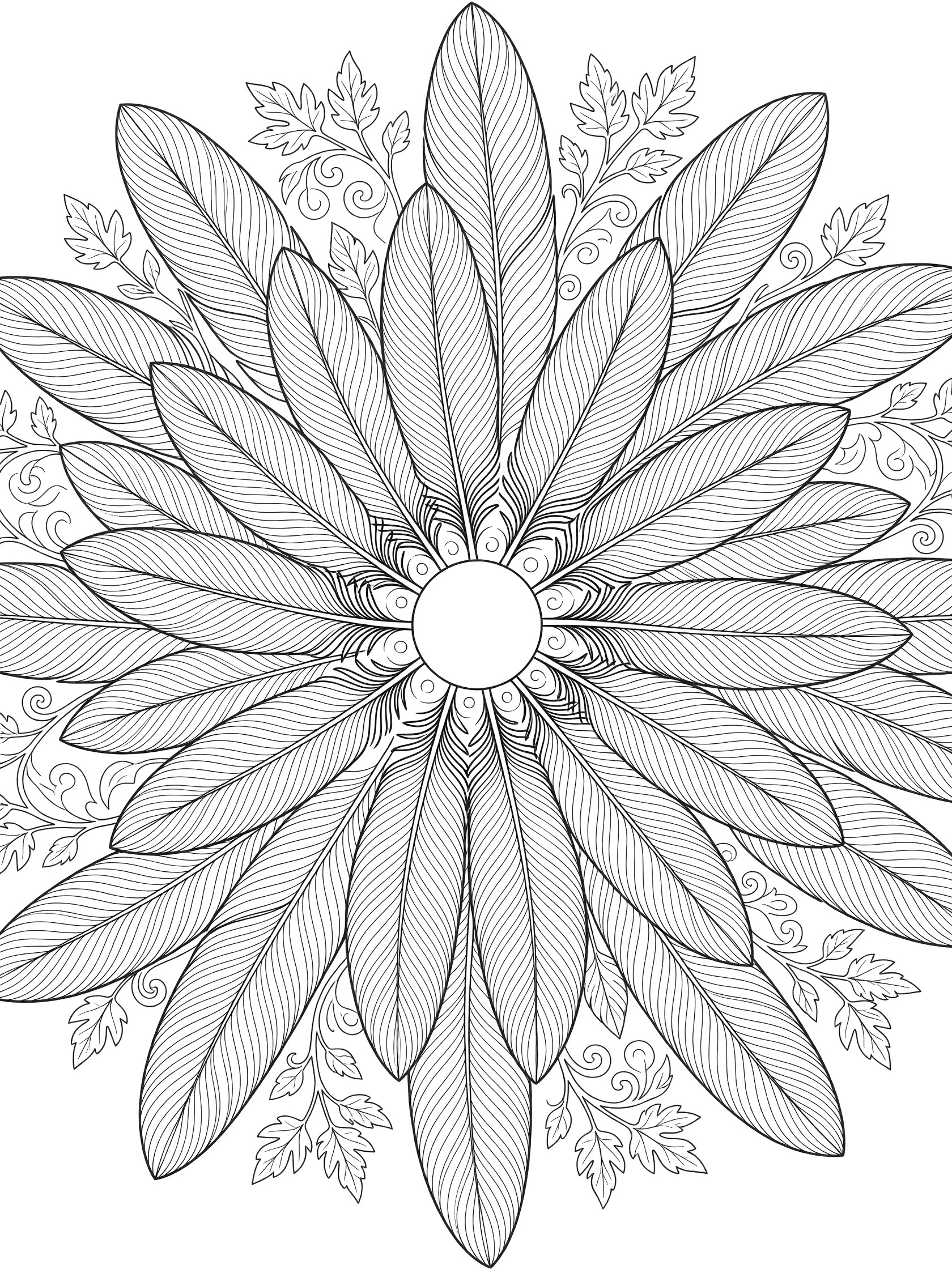 Black and white line art of a symmetric layered feather mandala with overlapping feathers, vein patterns, leaf and vine details radiating from a central circle.