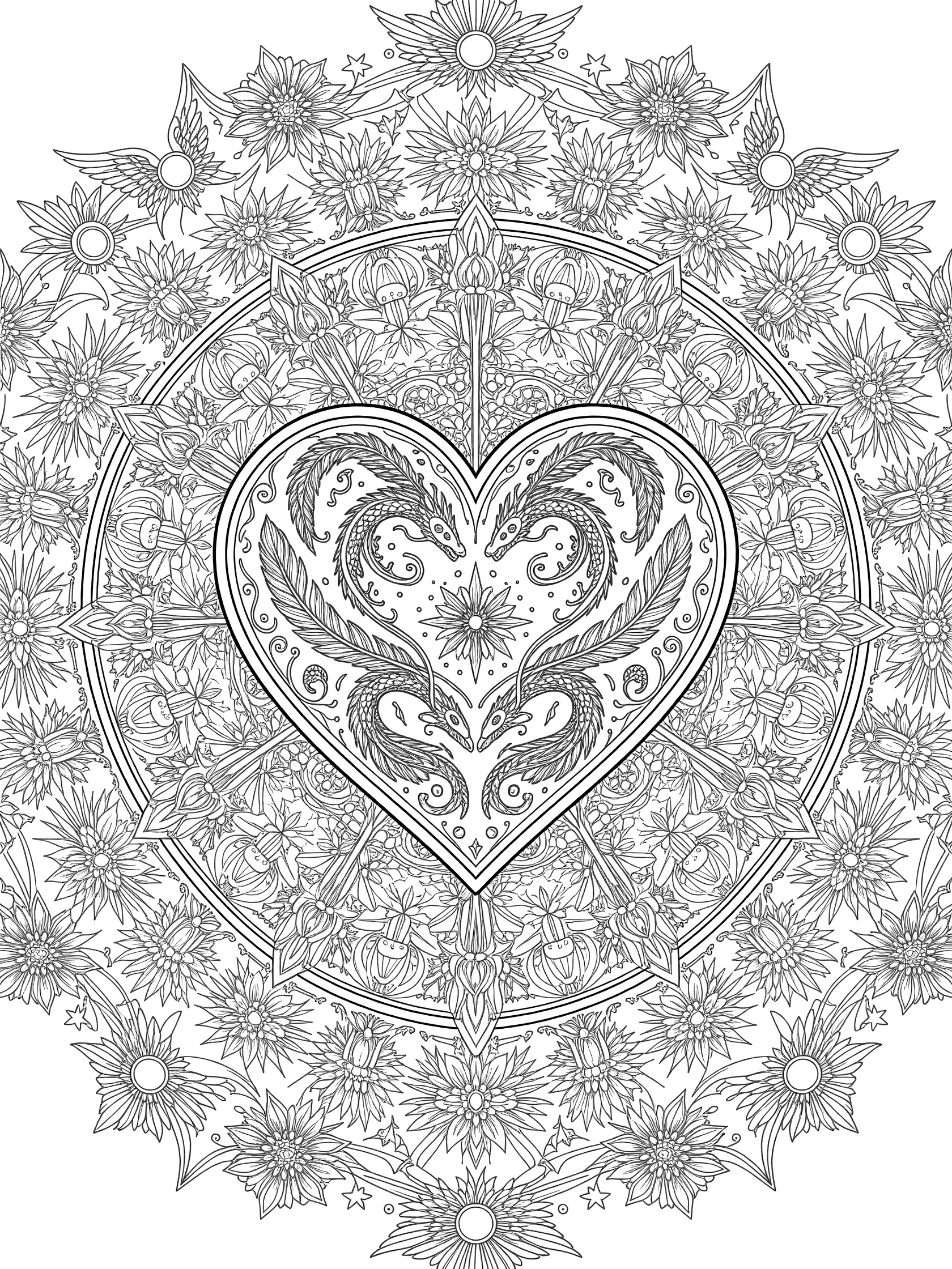 Black and white layered heart mandala coloring page featuring central dragons, feathers, vines, blooming flowers, and starry patterns in symmetrical design.