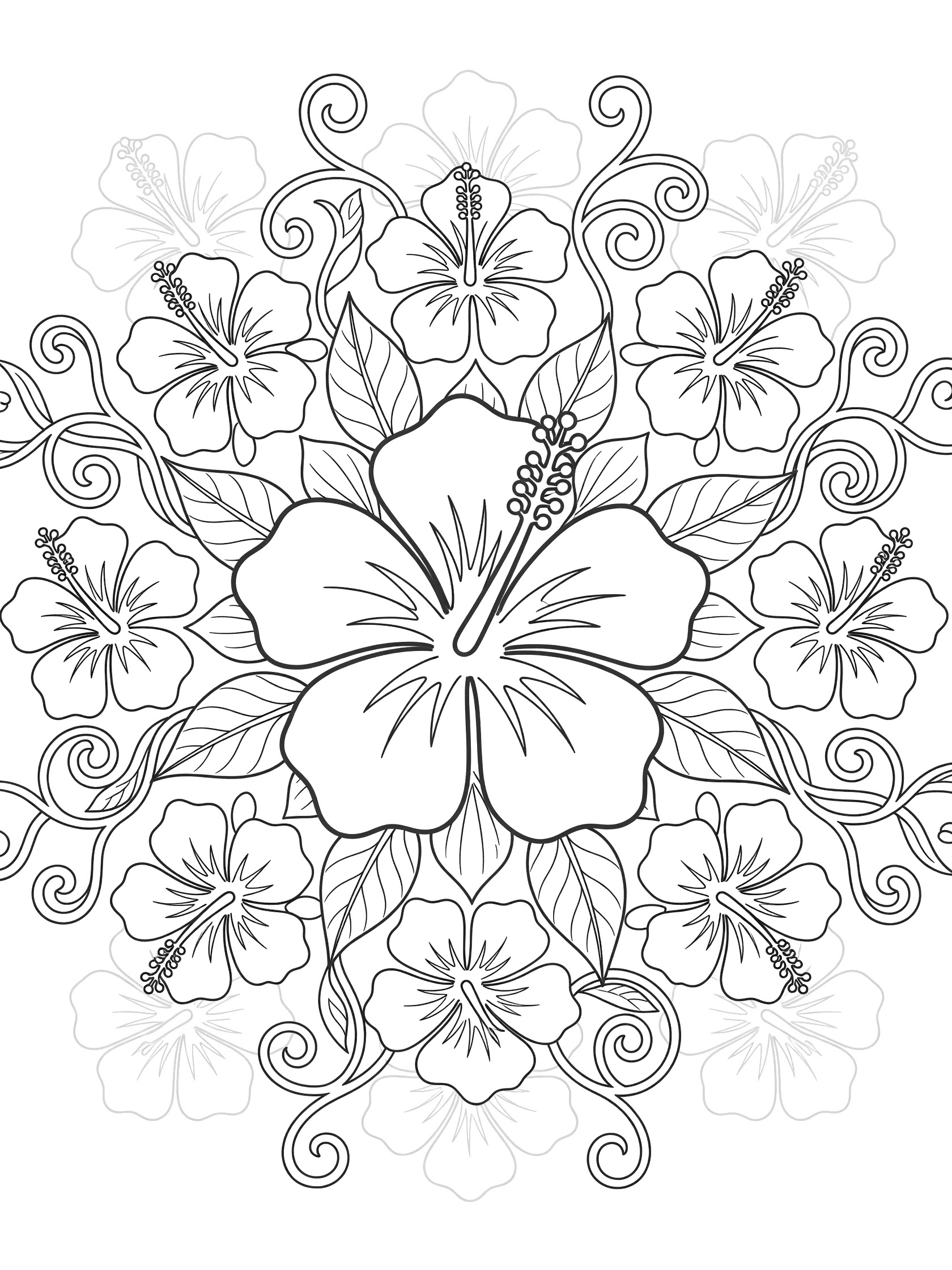 Black and white Hibiscus Mandala coloring page featuring a large central hibiscus flower with overlapping petals, surrounded by smaller blooms, curling leaves, and vine tendrils in a circular design.
