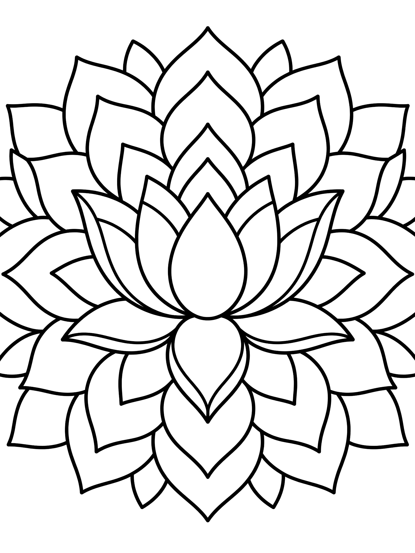 Black and white Lotus Mandala coloring page featuring a central blooming lotus with concentric rounded petals and symmetric patterns.