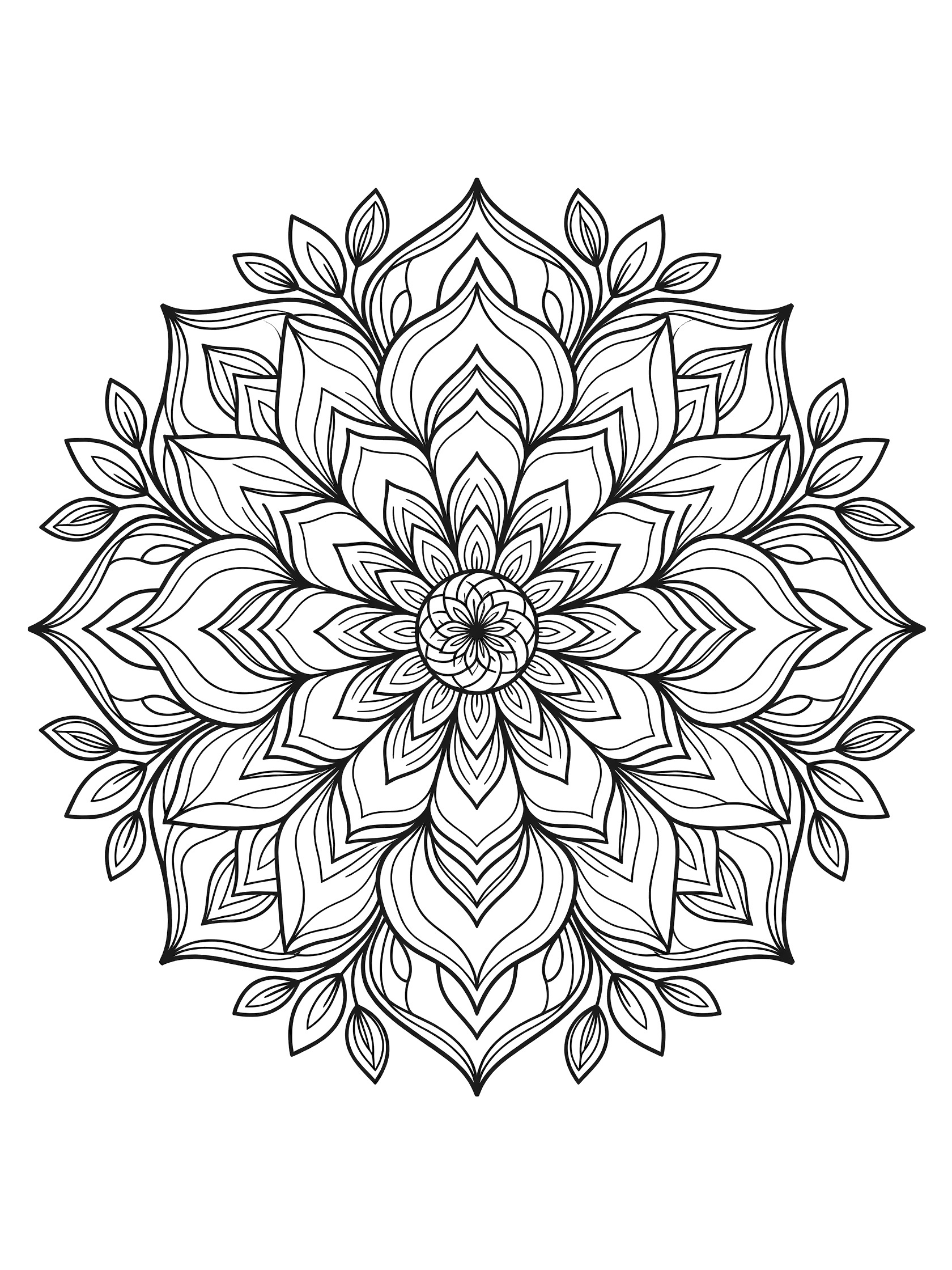 Symmetrical layered lotus mandala line art coloring page featuring tight center petals blooming into wavy layers with leaf and vine motifs.