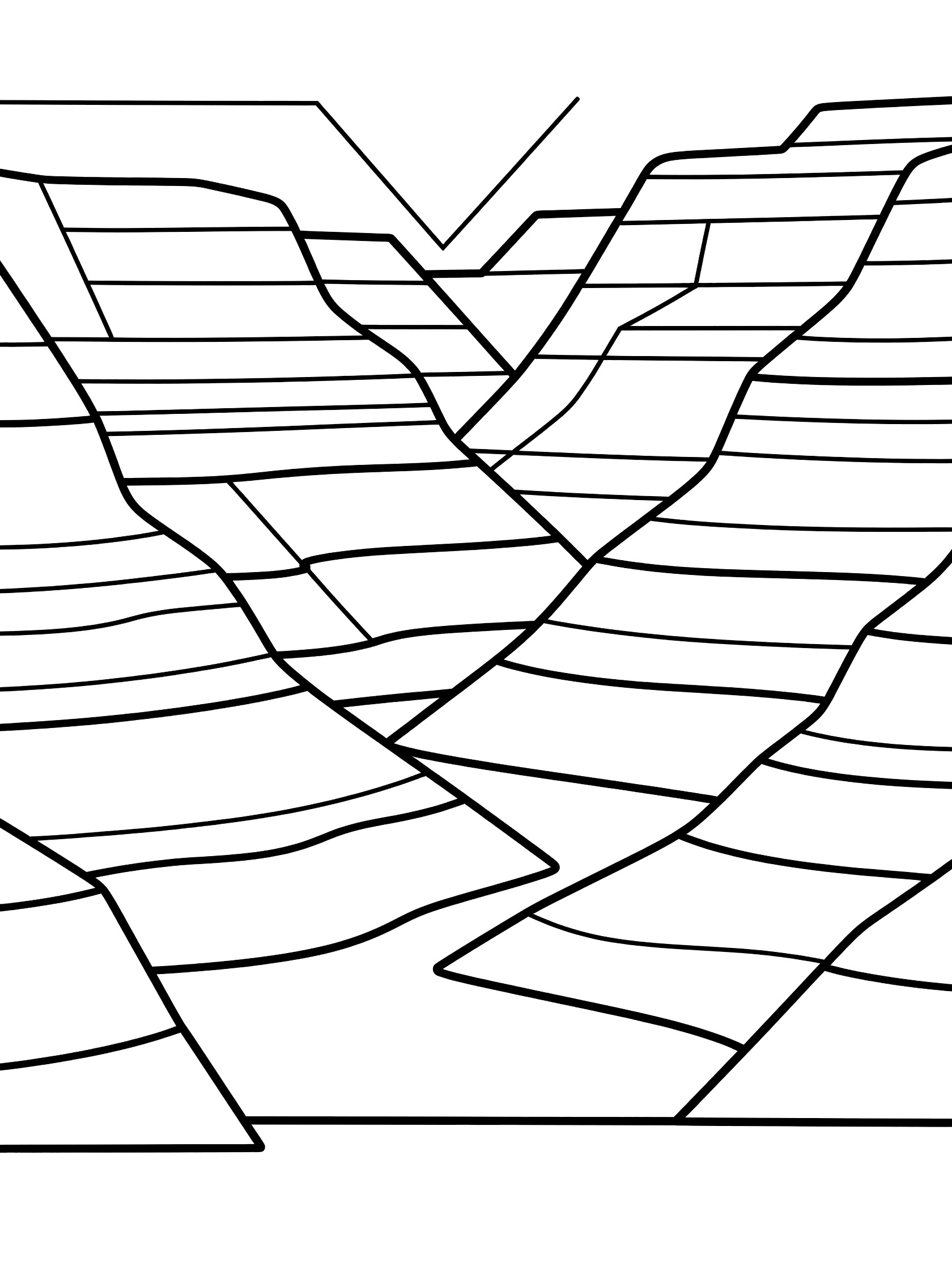 Printable coloring page showing a canyon with geometric layered rock strata forming tall walls, wavy horizontal bands, and a straight river line at the base. Copper Canyon themed black and white printable line art