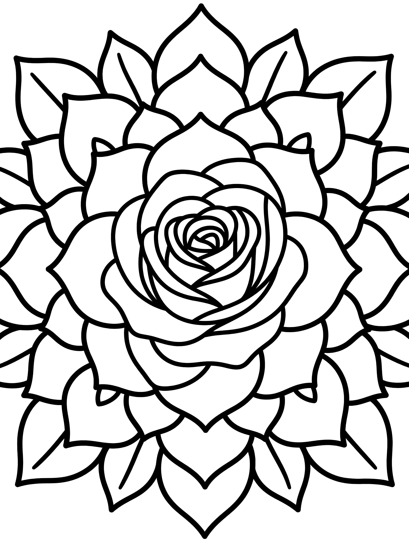 Black-and-white printable Rose Mandala coloring page featuring a central rose with layered unfolding petals and symmetrical leaf patterns in circular design.