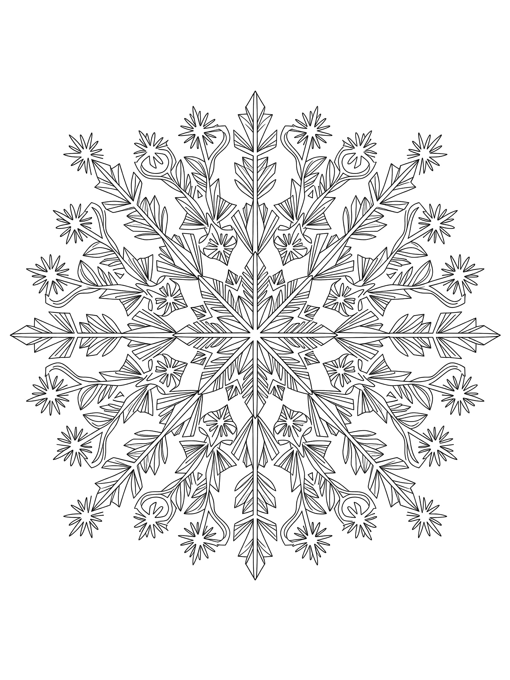 Symmetrical layered snowflake mandala coloring page in black line art on white background with detailed center and radiating arms.