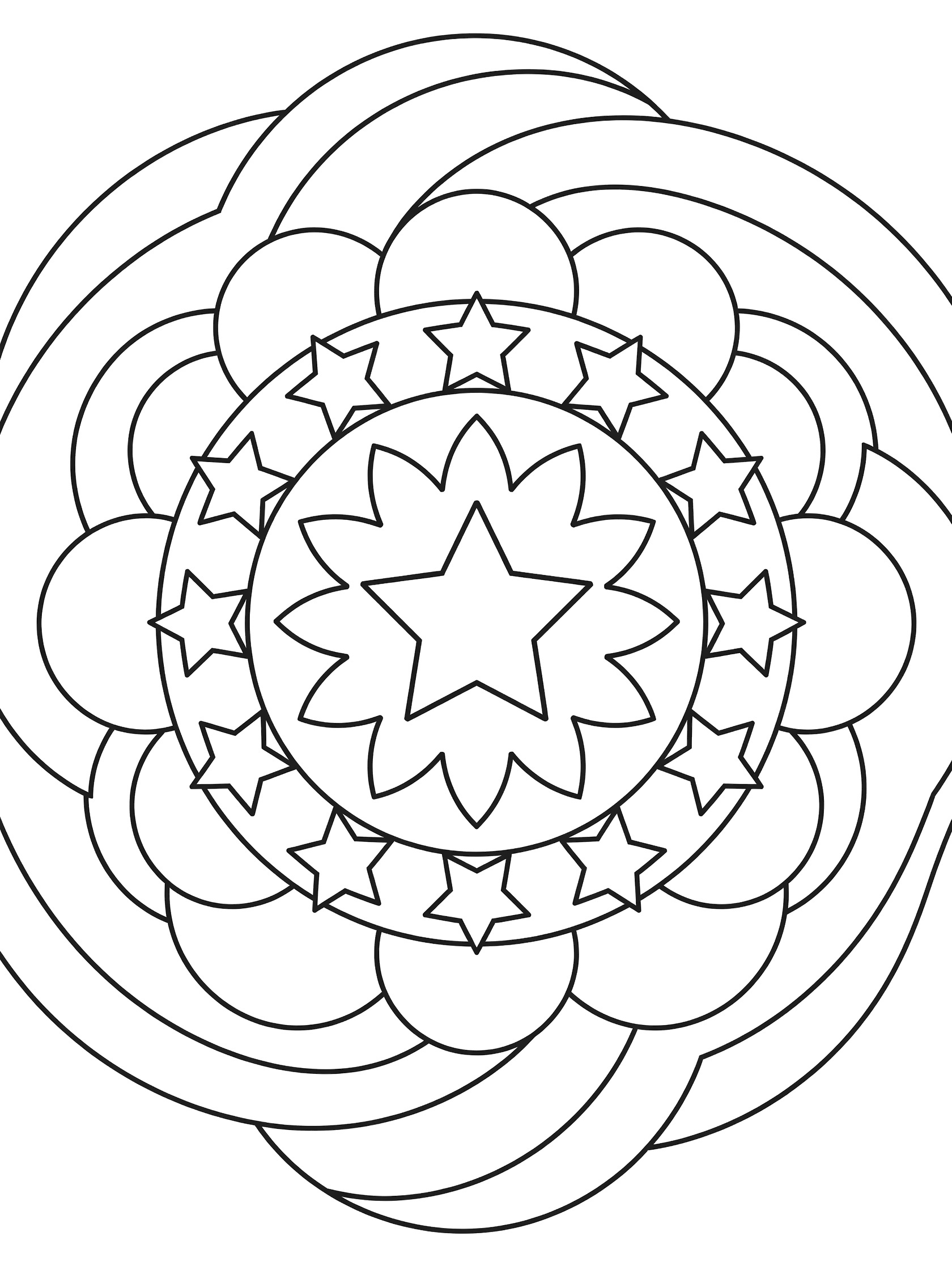 Simple layered star mandala coloring page featuring a large central star surrounded by symmetrical layers of smaller stars, round shapes, curved petals, and gentle waves on a white background.