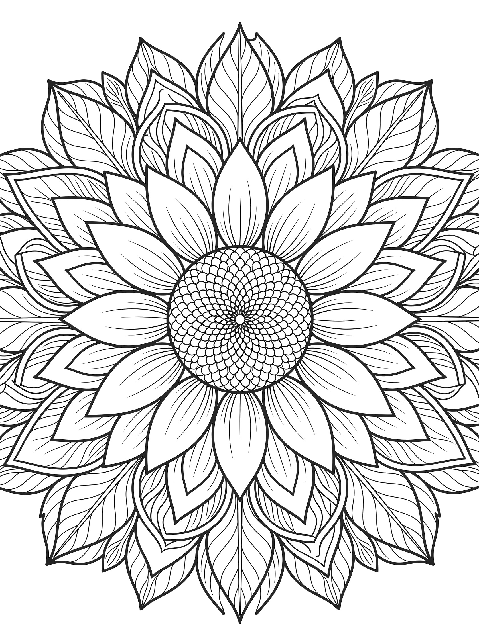 Detailed layered sunflower mandala line art coloring page featuring symmetrical petals, central seed pattern, leaves, and curving vines.