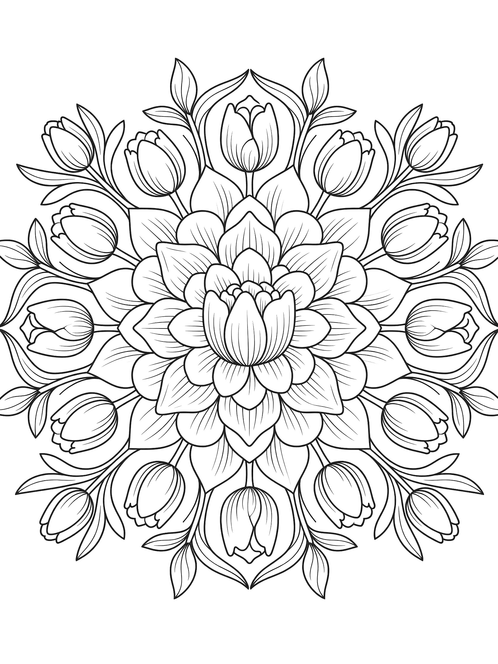 Black and white line art of a Tulip Mandala coloring page showing a central blooming tulip with overlapping layered petals, surrounding buds, curling leaves, and symmetric vine patterns.