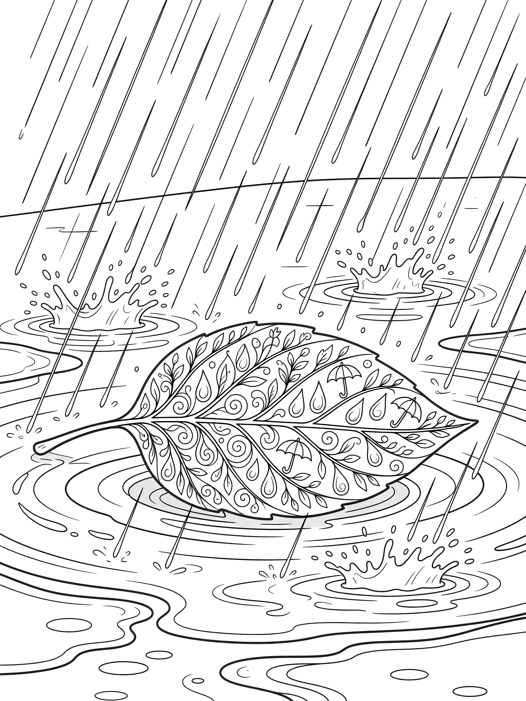 Zentangle line art coloring page showing a detailed leaf on a puddle with rain drops, splashes, and swirling patterns in black and white.