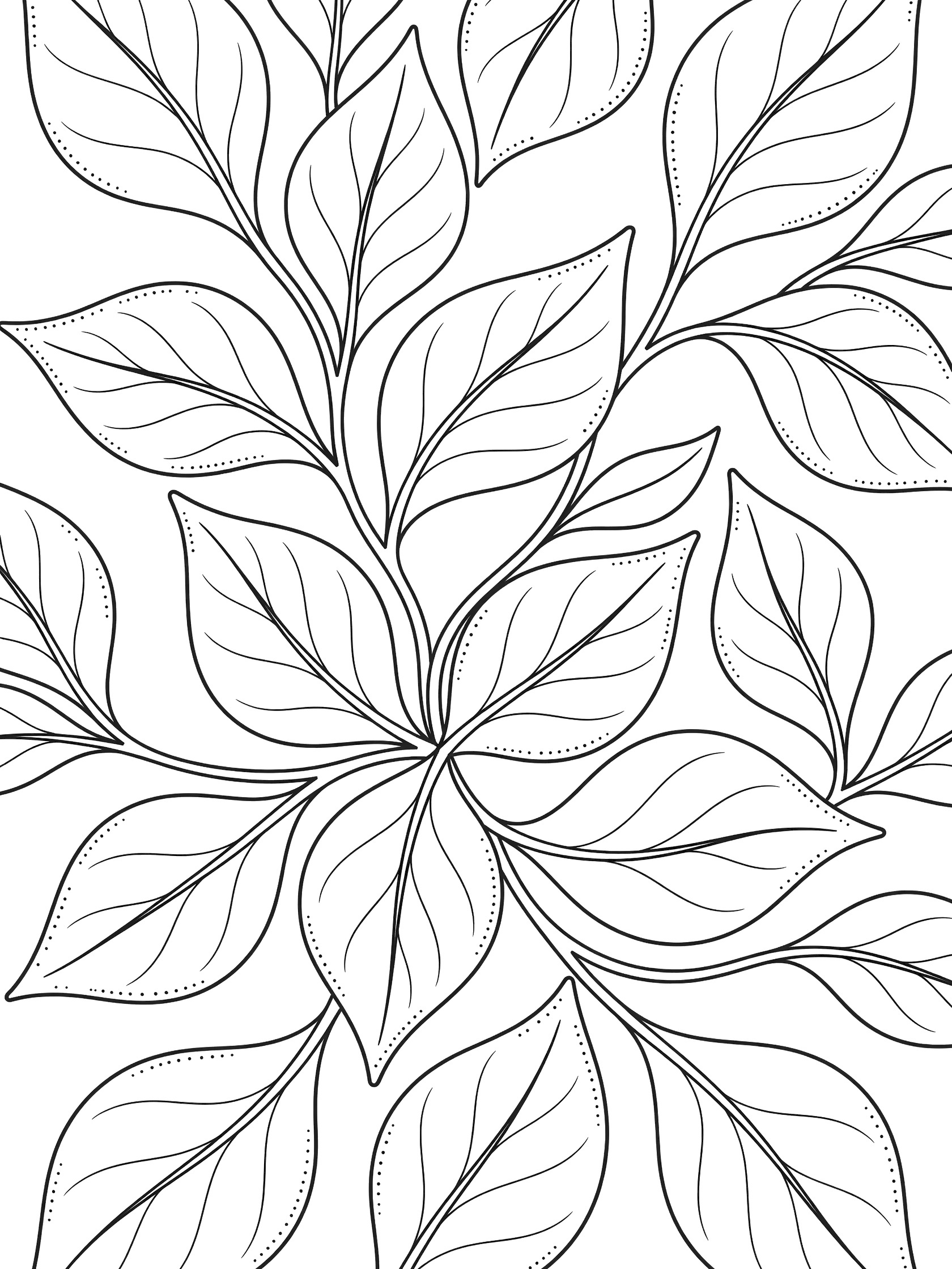 Black and white line drawing of repeating leaf patterns with veins, tendrils, and stippled edges on a white background. Flux themed black and white printable line art
