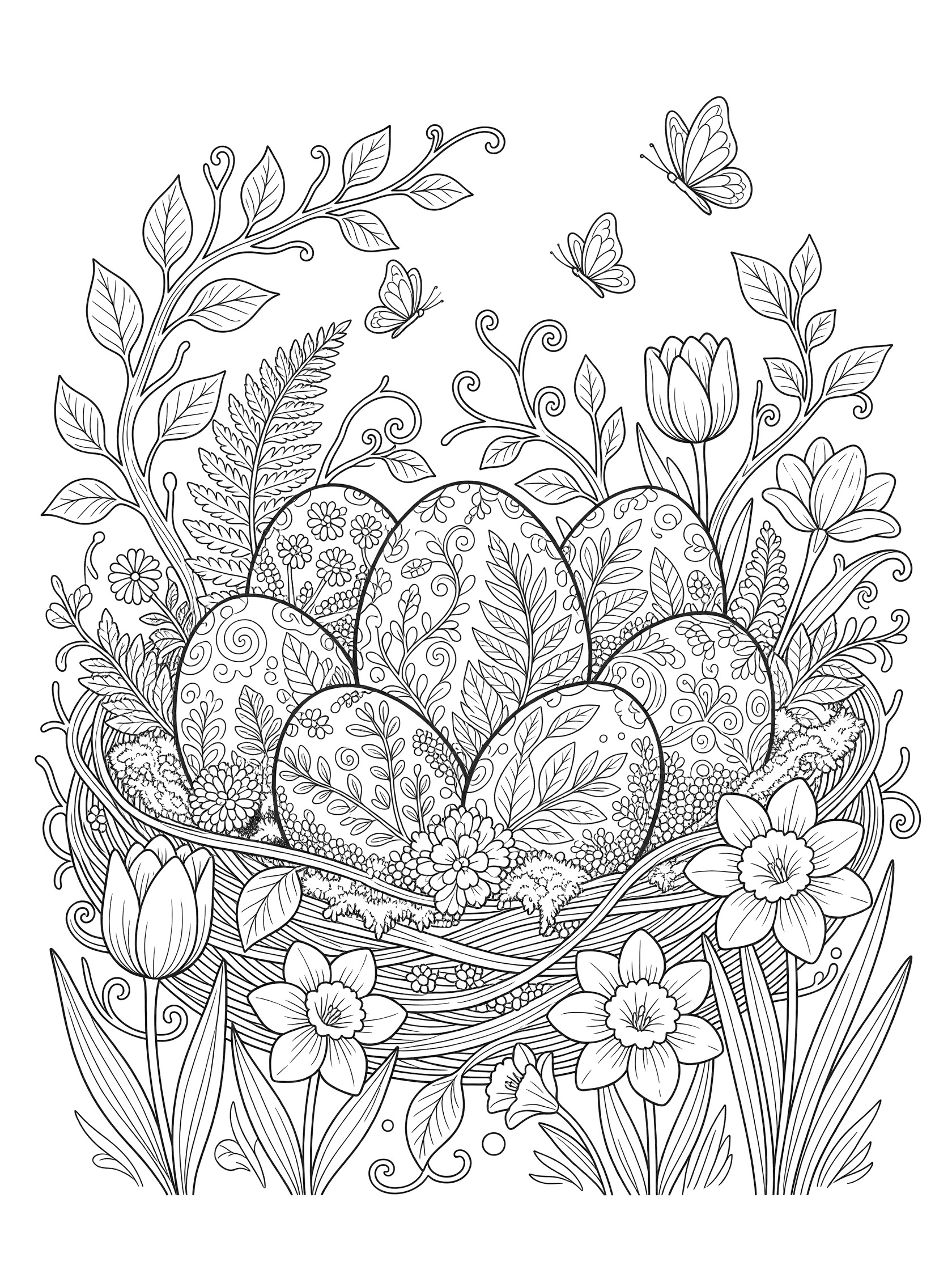 Black and white line art of decorative Easter eggs in a nest with leaf motifs, ferns, twigs, moss, spring flowers, and butterflies.