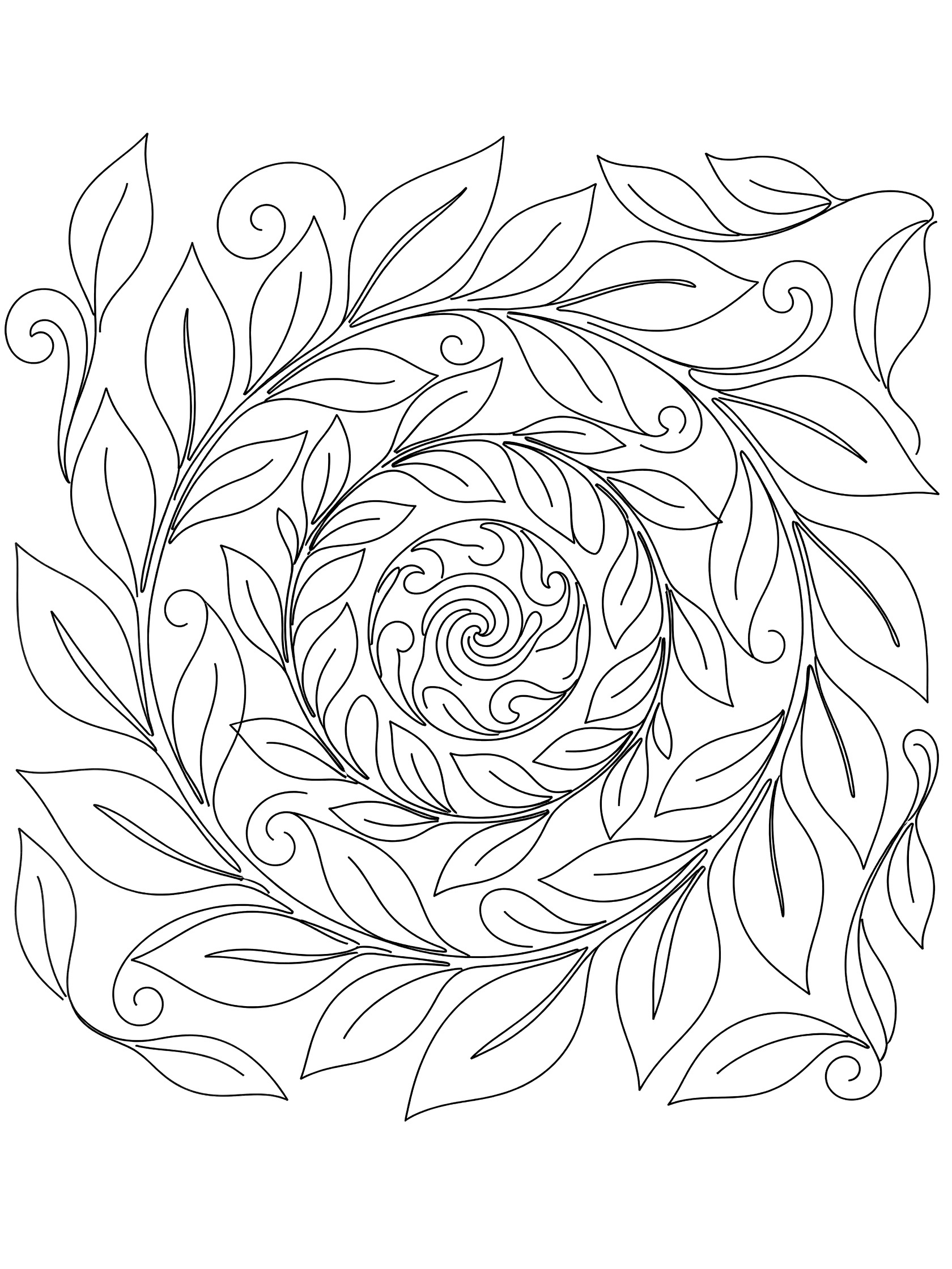 Black and white coloring page of a spiral mandala with swirling leaves and curly patterns
