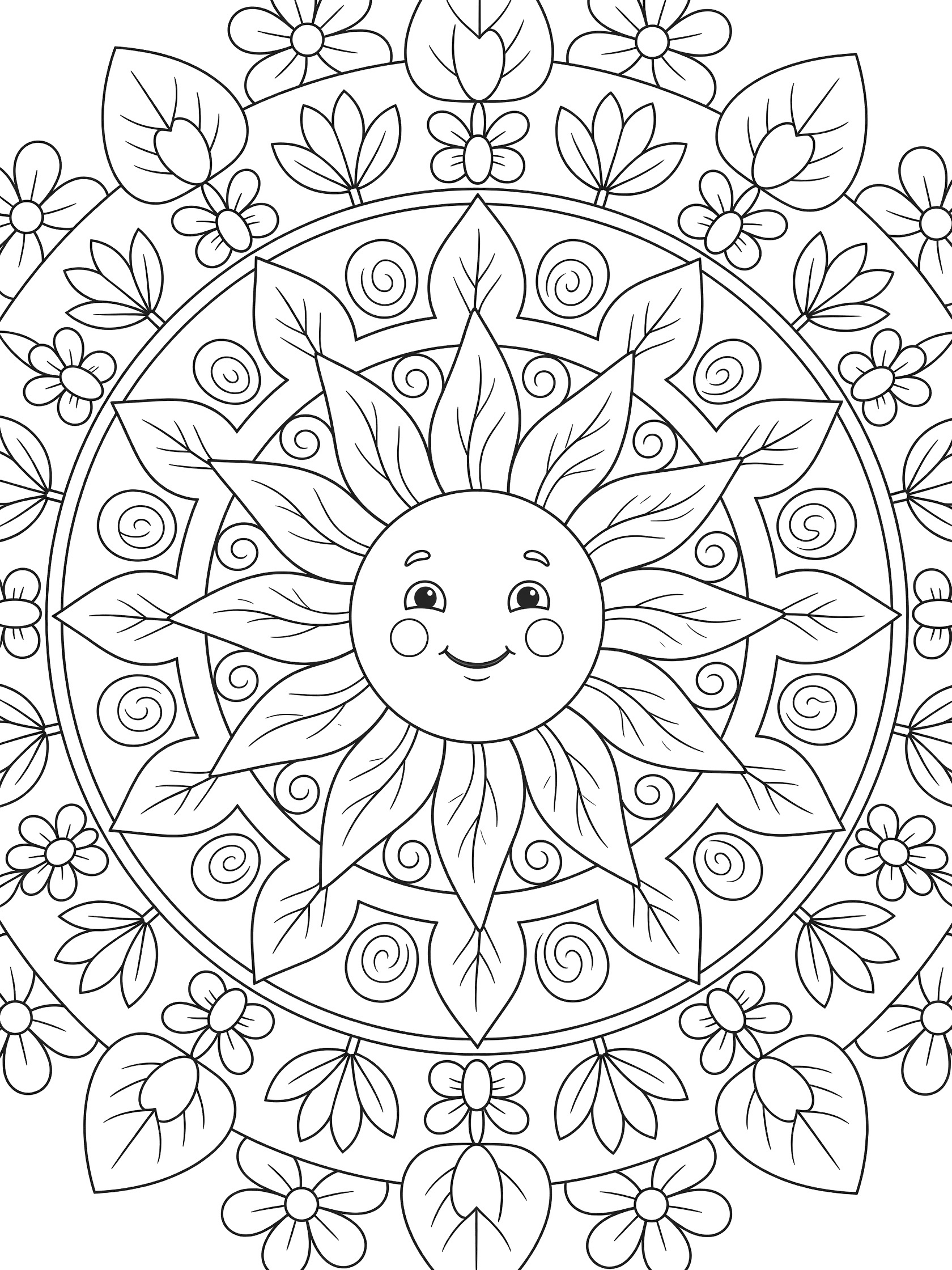 Black and white printable coloring page of a cheerful sun face mandala with leafy rays, vines, flowers, and layered circular patterns.