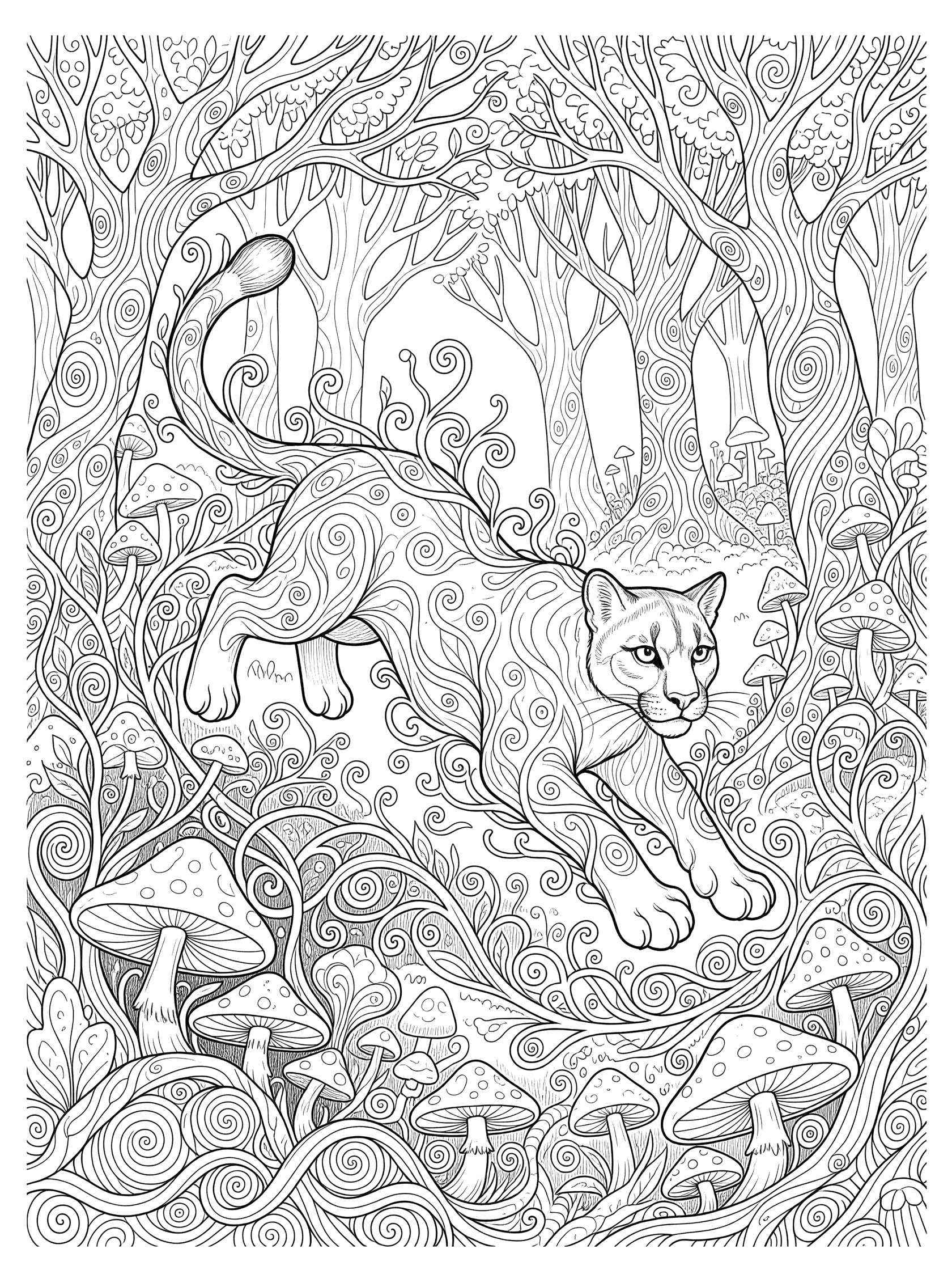 Black and white line art coloring page showing a cougar jumping in a detailed forest with twisted trees, swirling vines, mushrooms, and leafy patterns. Puma themed black and white printable line art
