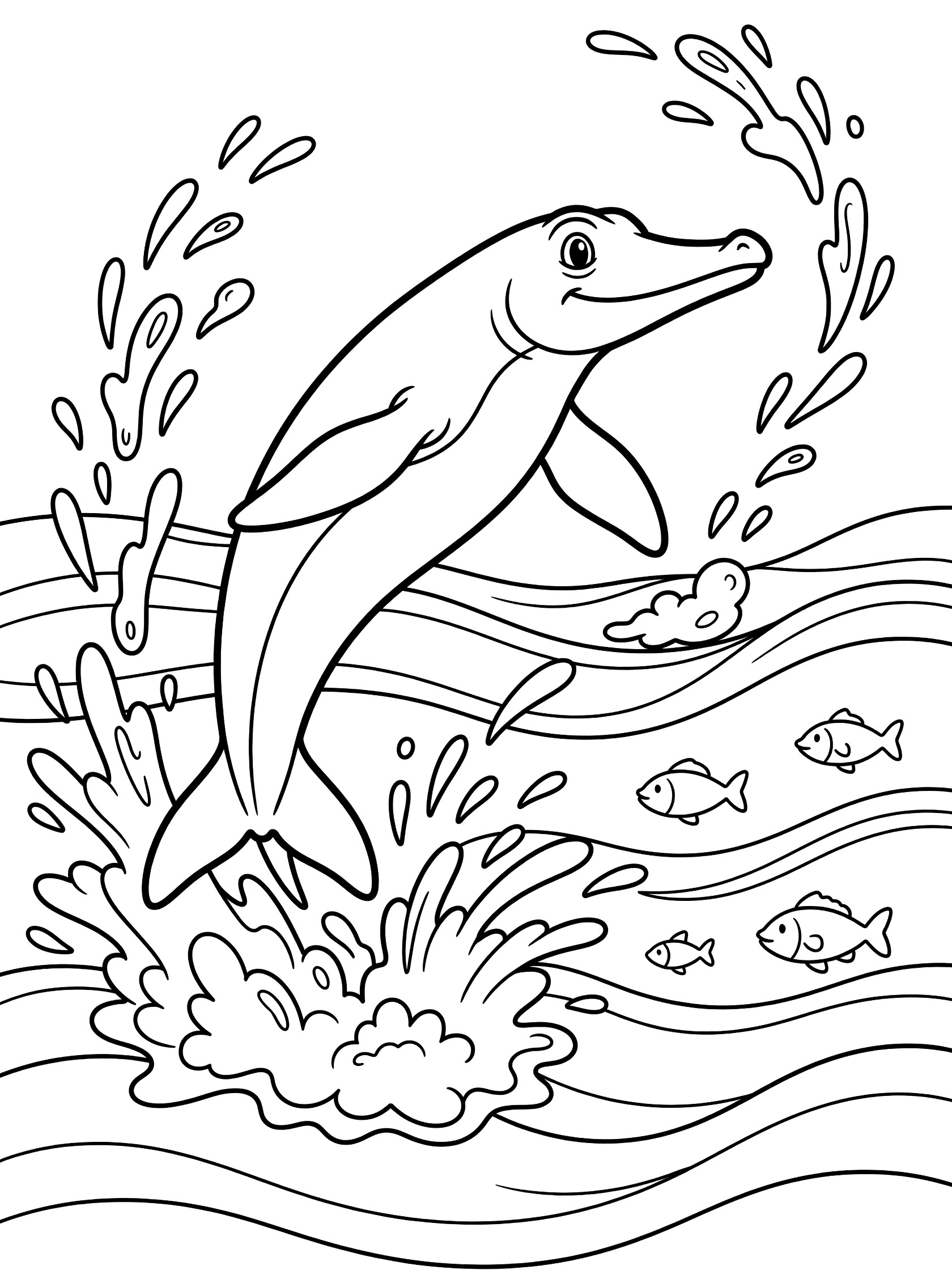 Doodle-style coloring page showing an Ichthyosaurus jumping out of ocean waves with flippers outstretched, big eyes, splashing water, foam, waves, and friendly fish below.