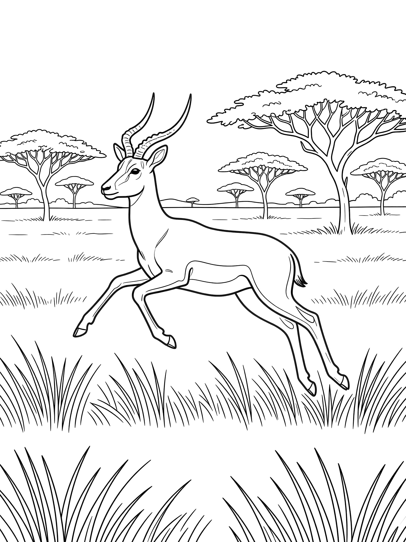 Black and white line art coloring page showing an impala antelope jumping over tall grass with acacia trees in the background.