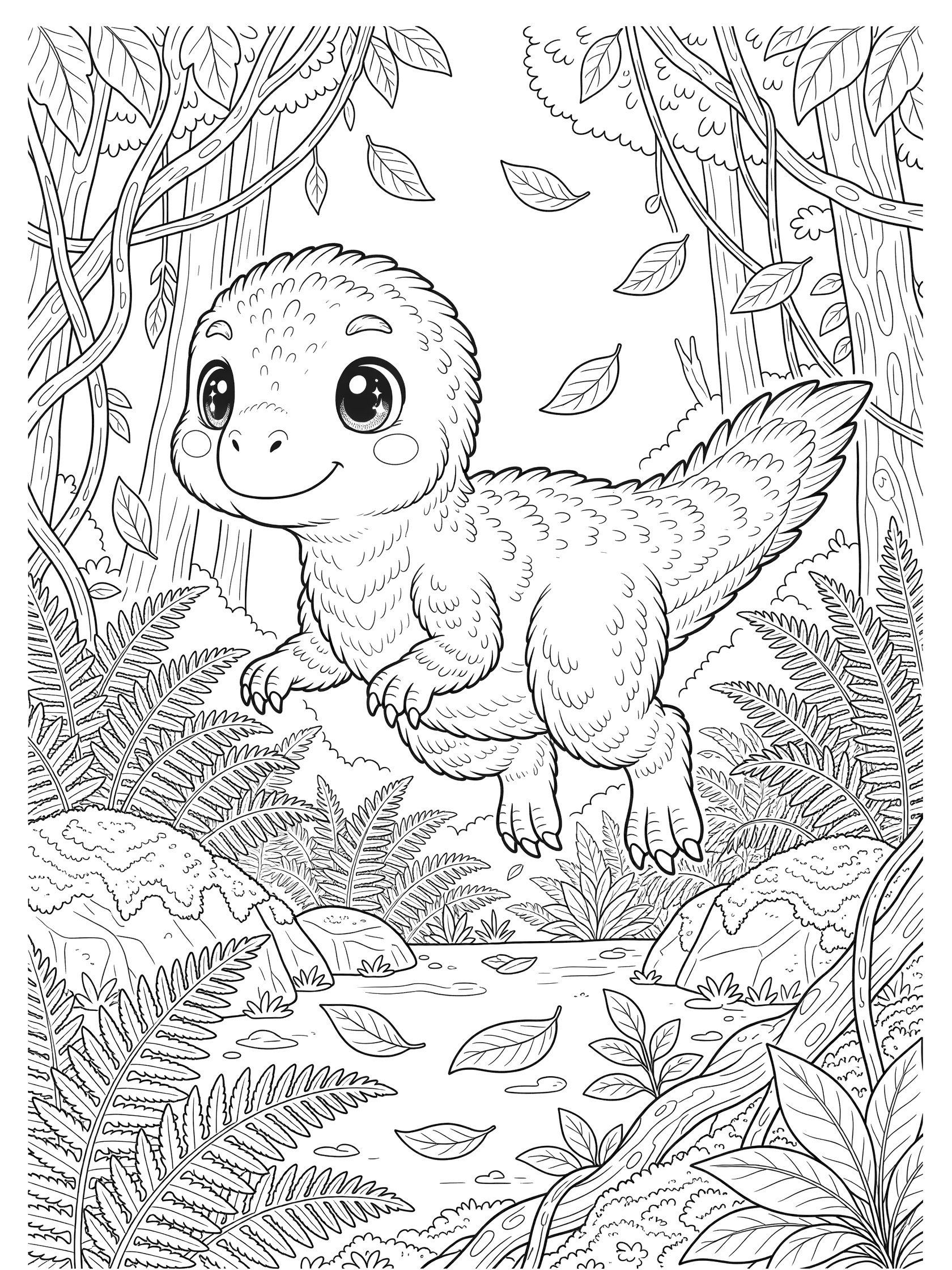 Black and white line art of a cute fluffy Deinonychus dinosaur leaping mid-air in a detailed forest with ferns, vines, mossy rocks, and leaves.