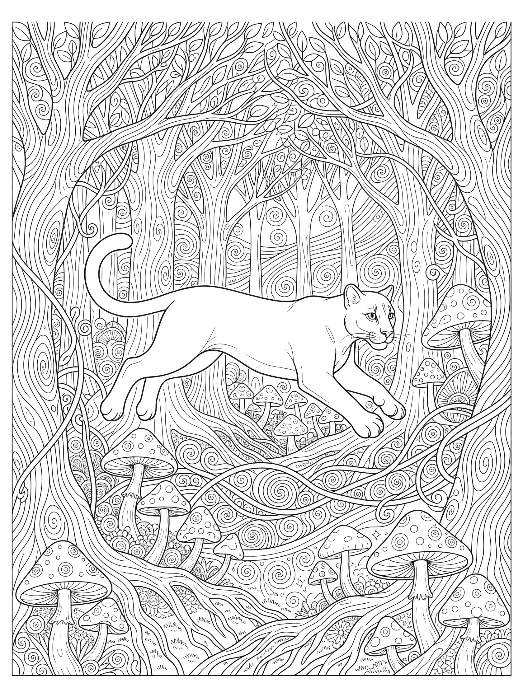 Black and white line art coloring page showing a puma jumping in a detailed forest with twisted trees, mushrooms, and swirling vines.