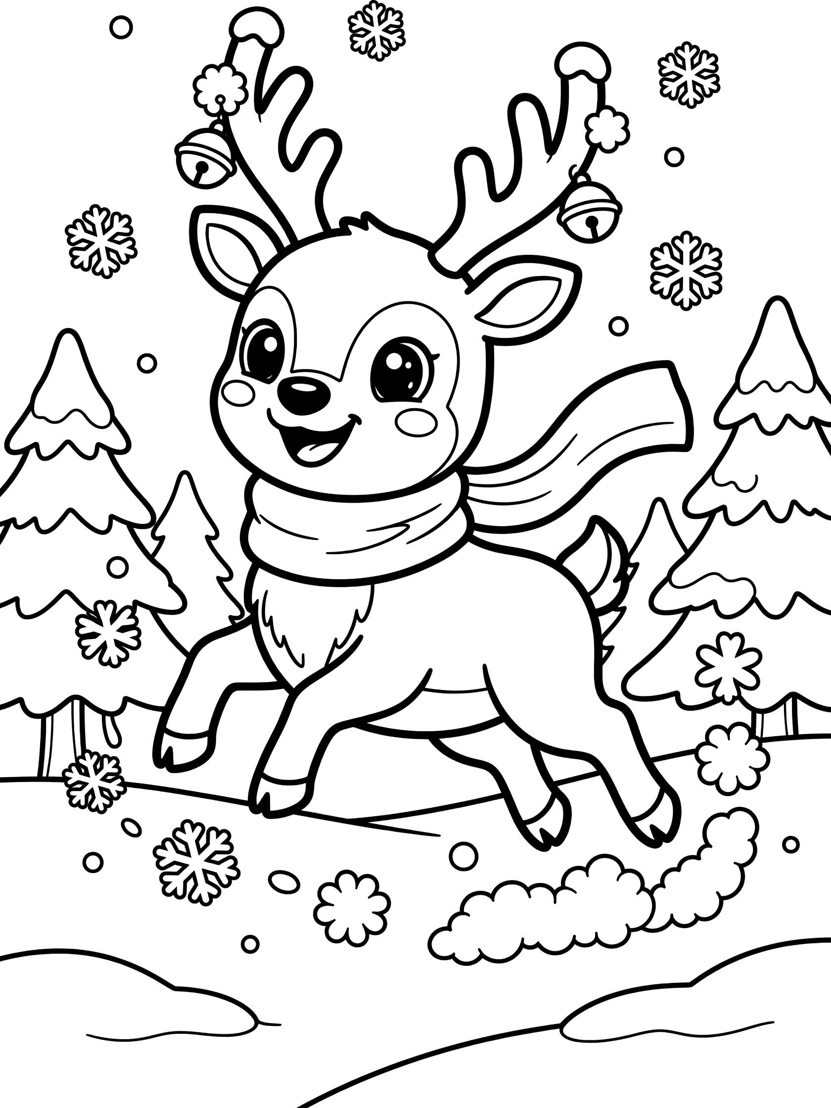 Cute reindeer with sparkling eyes, wide smile, and scarf leaping playfully in Christmas night sky surrounded by snowflakes and pine trees, line art coloring page