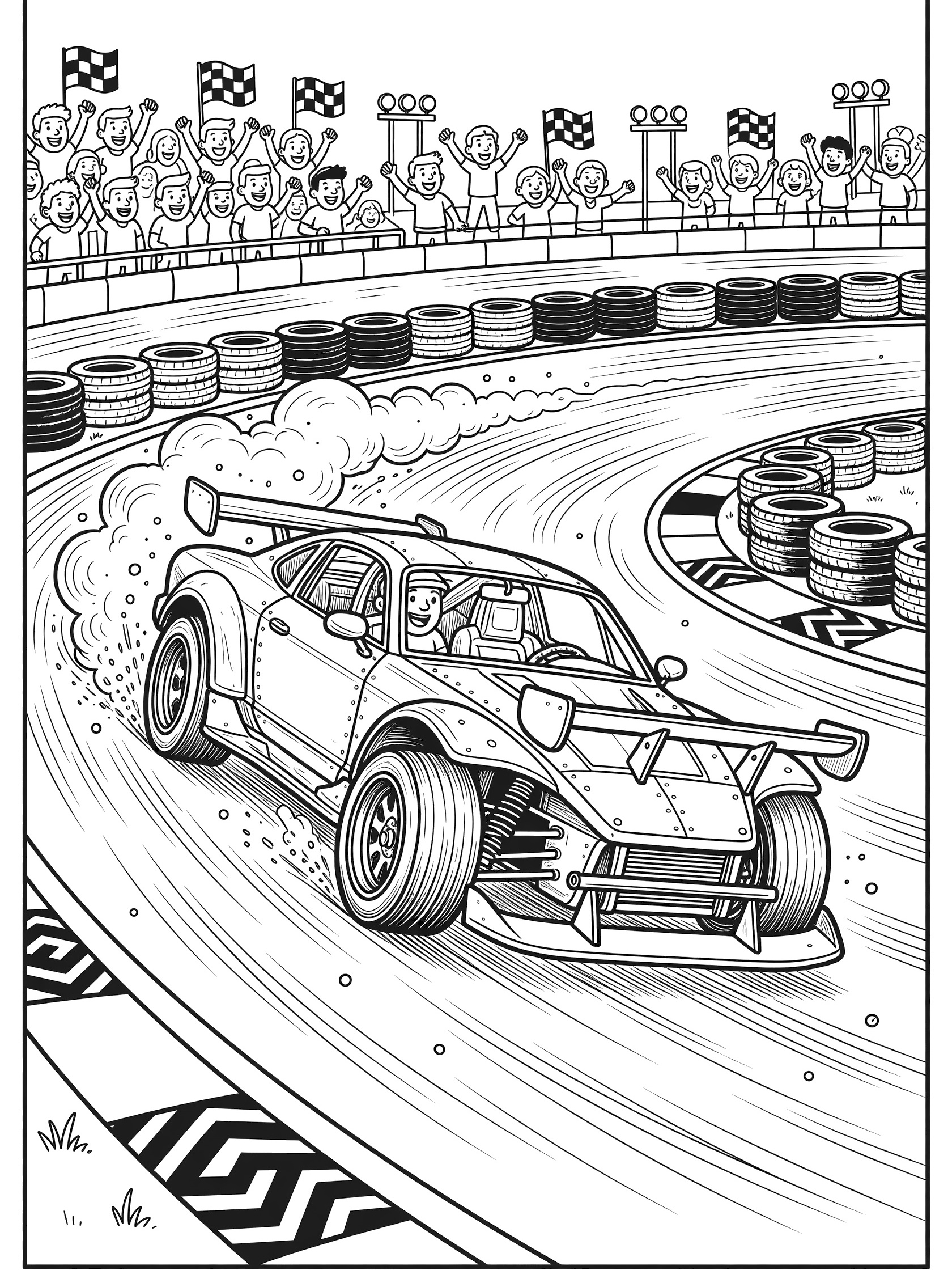 Black and white line art of a Legend Car race car drifting through a corner on an oval track, kicking up smoke and gravel, with cheering crowds in the stands.
