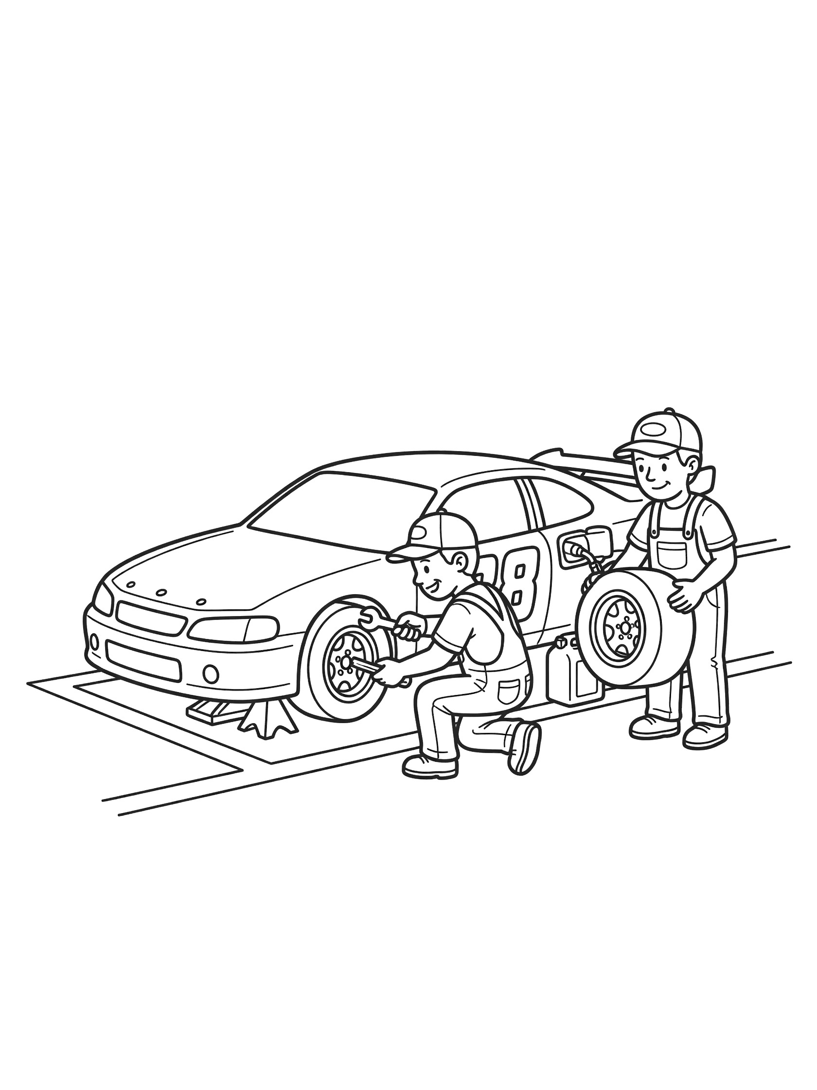 Black and white coloring page of a Legend Car on a jack in the pit stop. Mechanic in overalls changes tire, crew member with fresh tire and fuel can nearby.