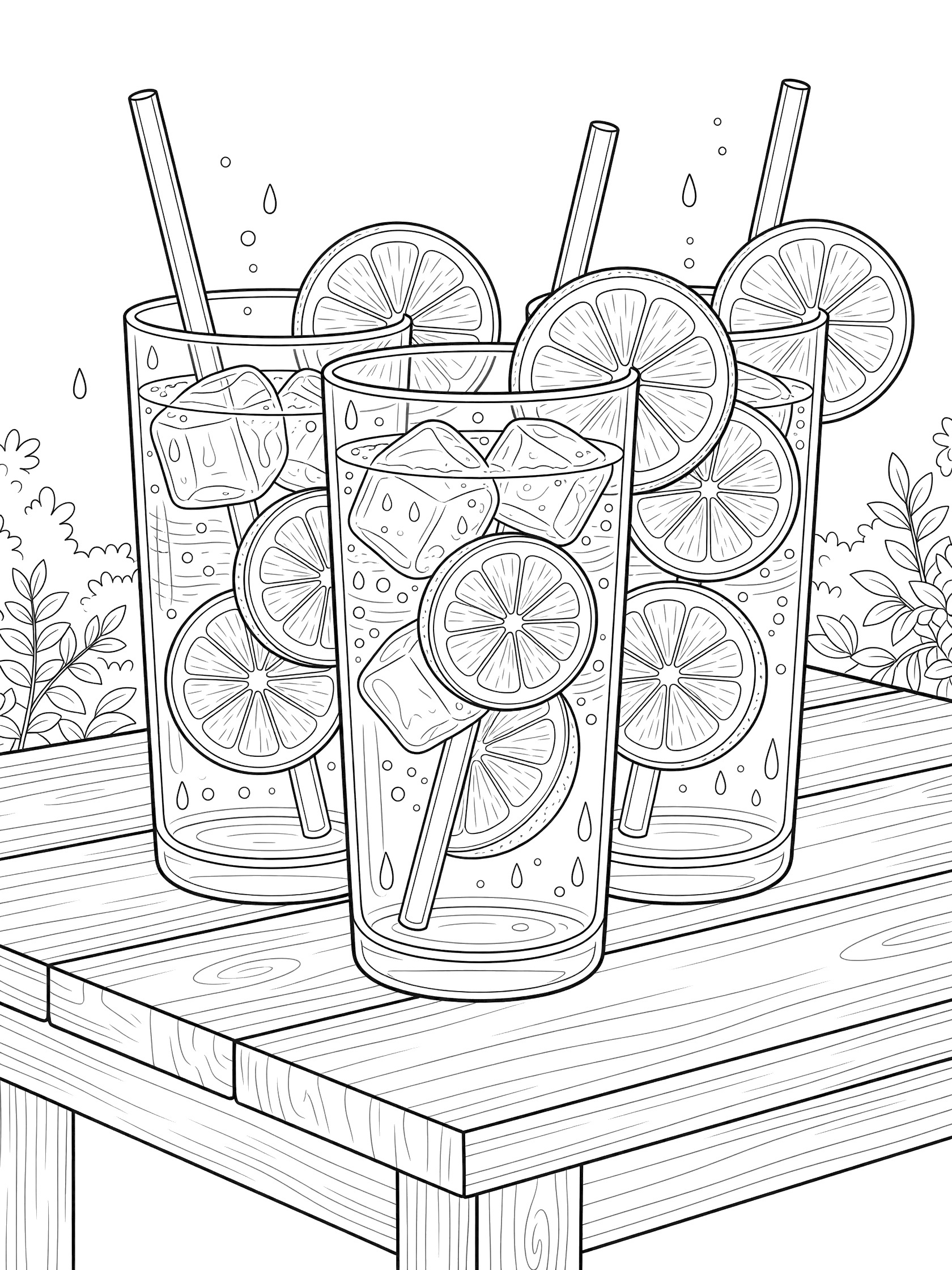 Black and white coloring page of iced tea glasses garnished with lemon wedges, ice cubes, straws, and bubbles on a wooden garden table.
