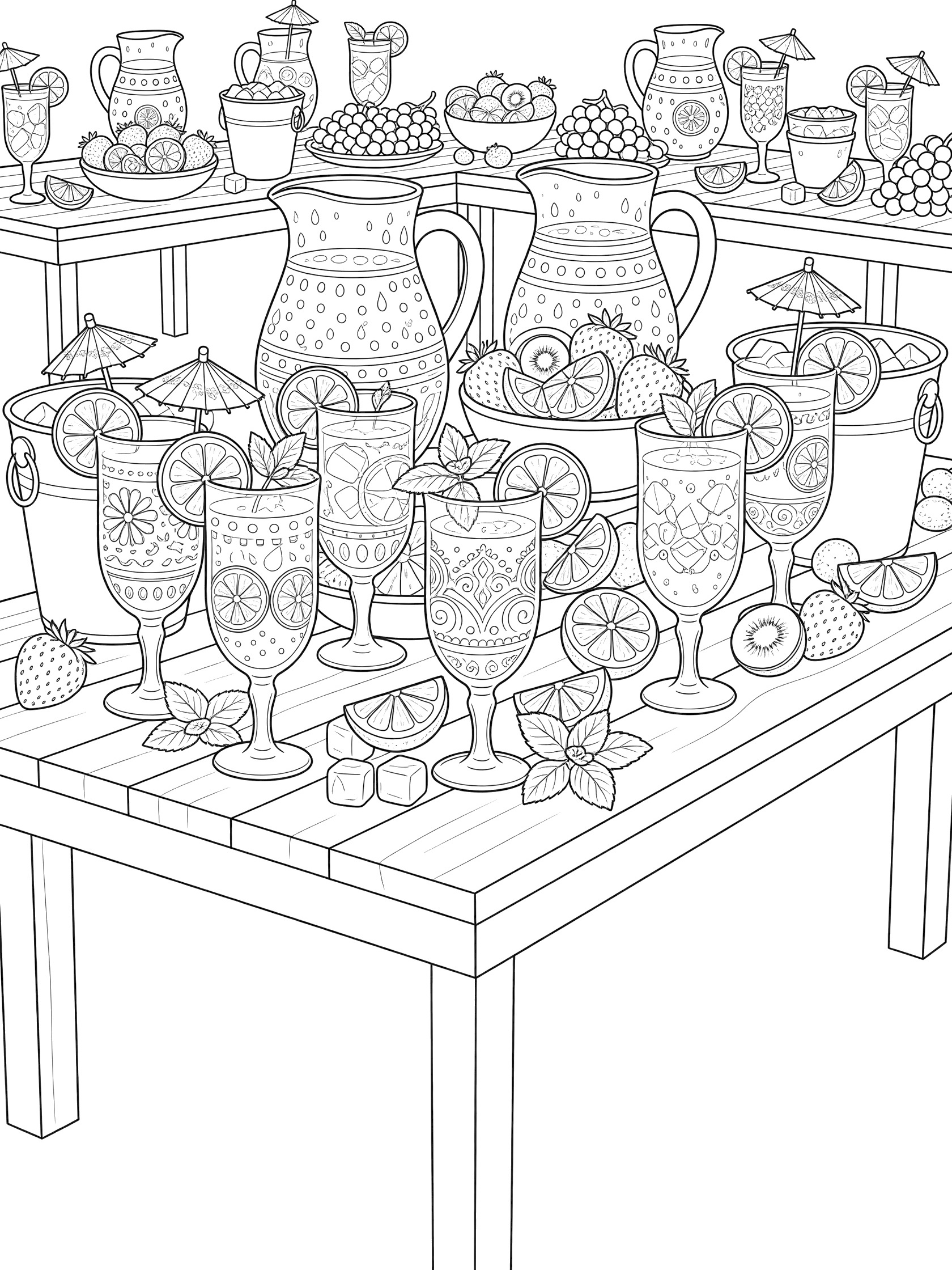 Detailed coloring page showing lemonade glasses garnished with lemon wheels, mint sprigs, and umbrellas, surrounded by pitchers, sliced fruits like strawberries and kiwi, on a wooden table.