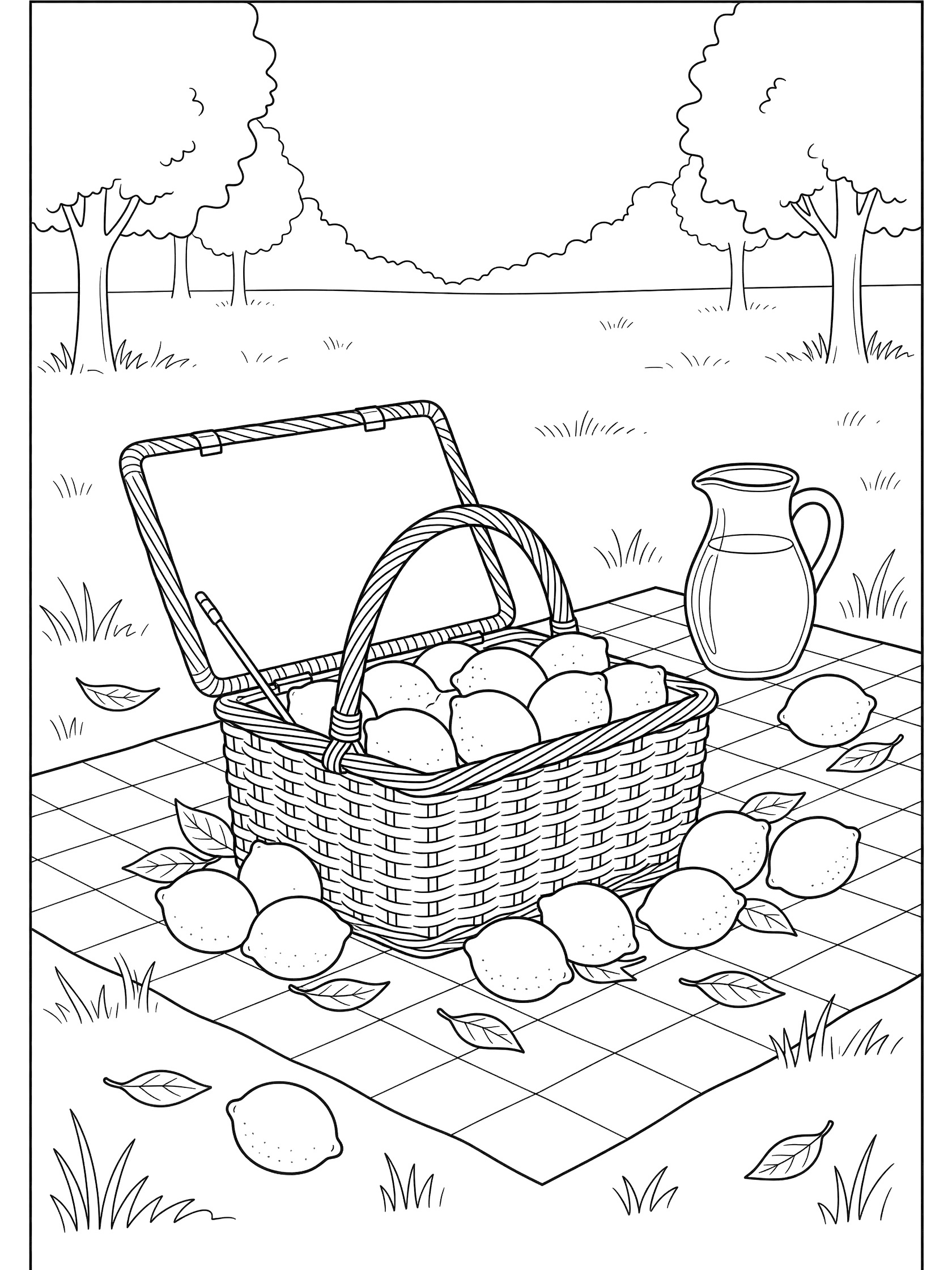 Printable coloring page showing an open picnic basket full of whole lemons, lemon halves, leaves on checkered picnic blanket, jug nearby, trees and grass in park meadow