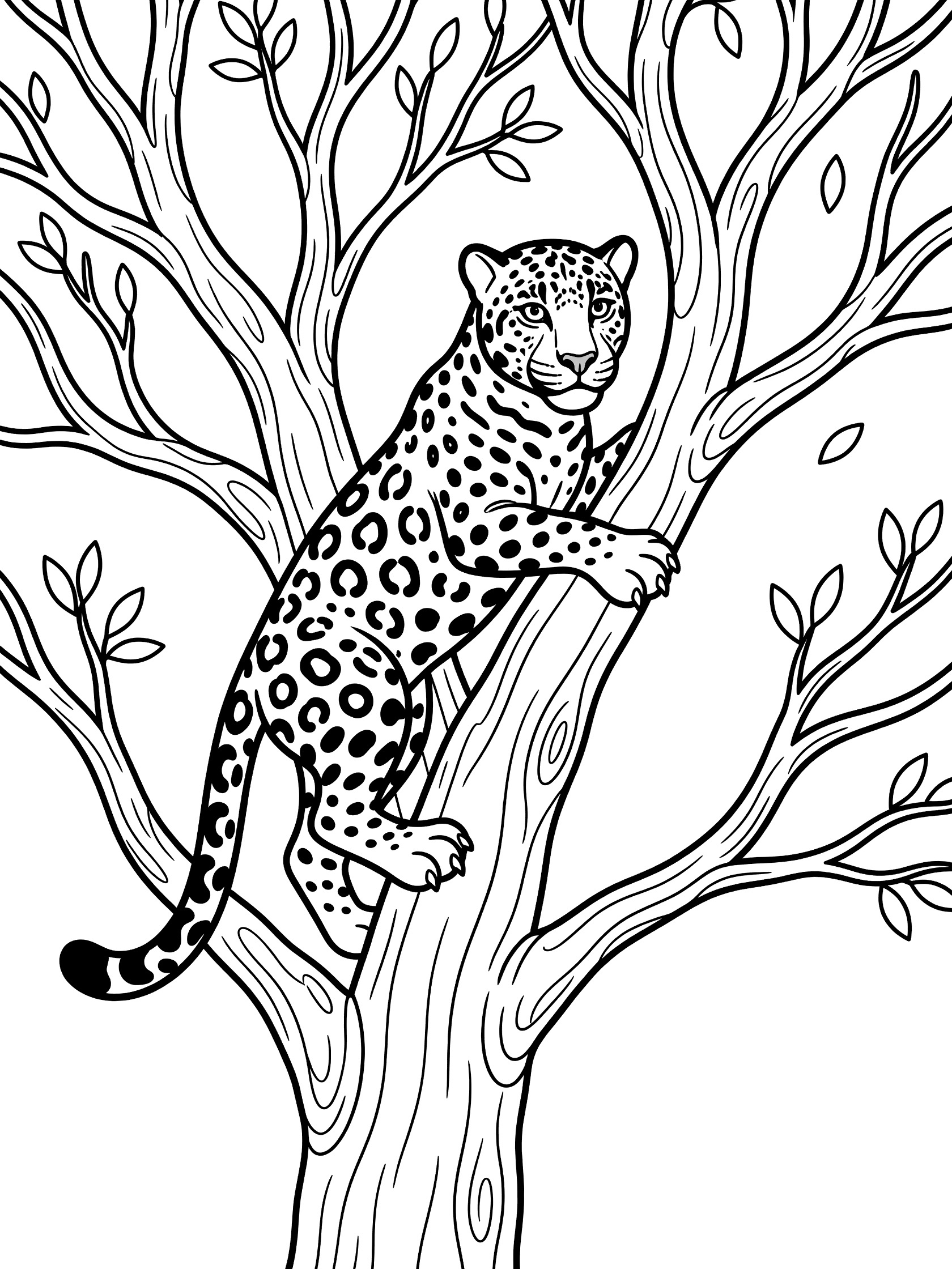 Black and white line art coloring page showing a spotted leopard climbing up a tall tree trunk with twisting branches and scattered leaves. Jaguar themed black and white printable line art