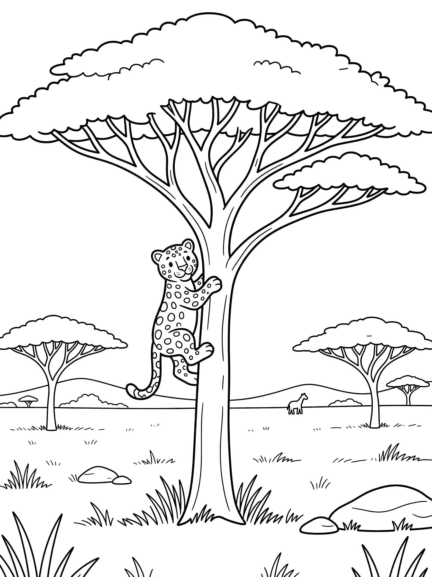 Black and white line art coloring page showing a young leopard cub climbing a large acacia tree, with more trees, grass, rocks, and a giraffe in the background savanna scene.