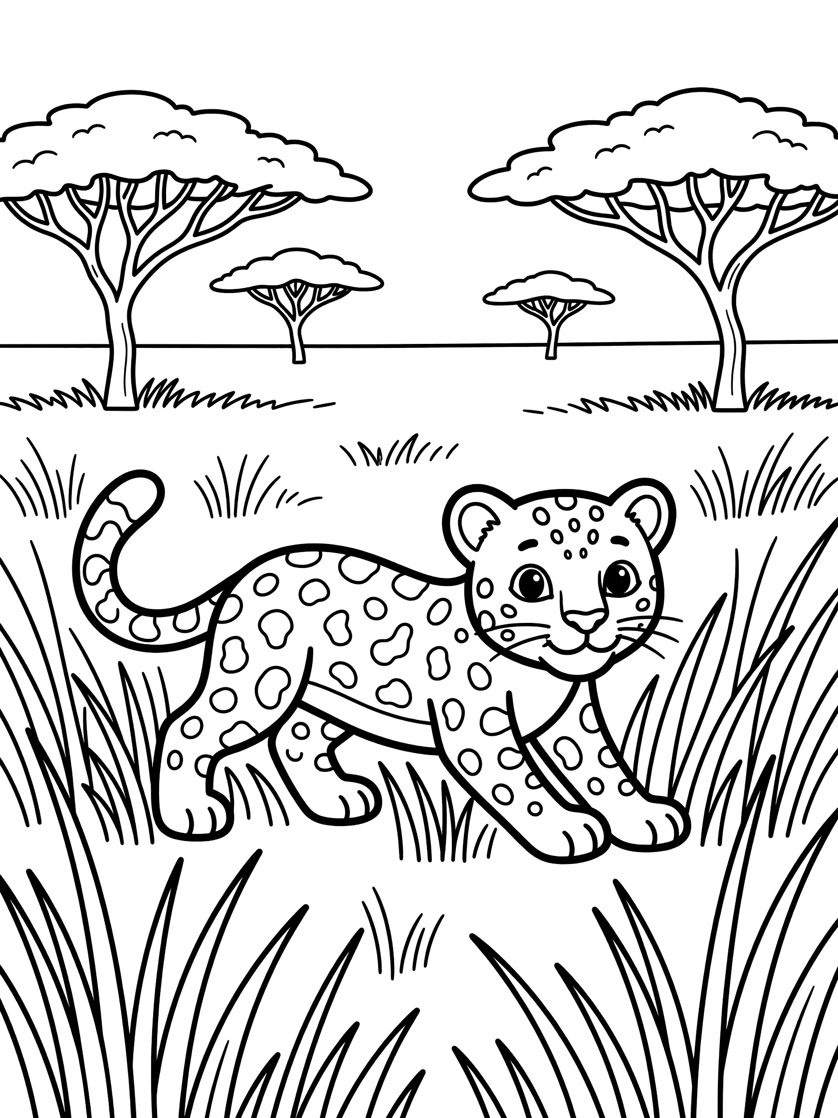 Black and white line art coloring page showing a cartoon leopard cub walking low in tall grass with simple acacia trees in the background
