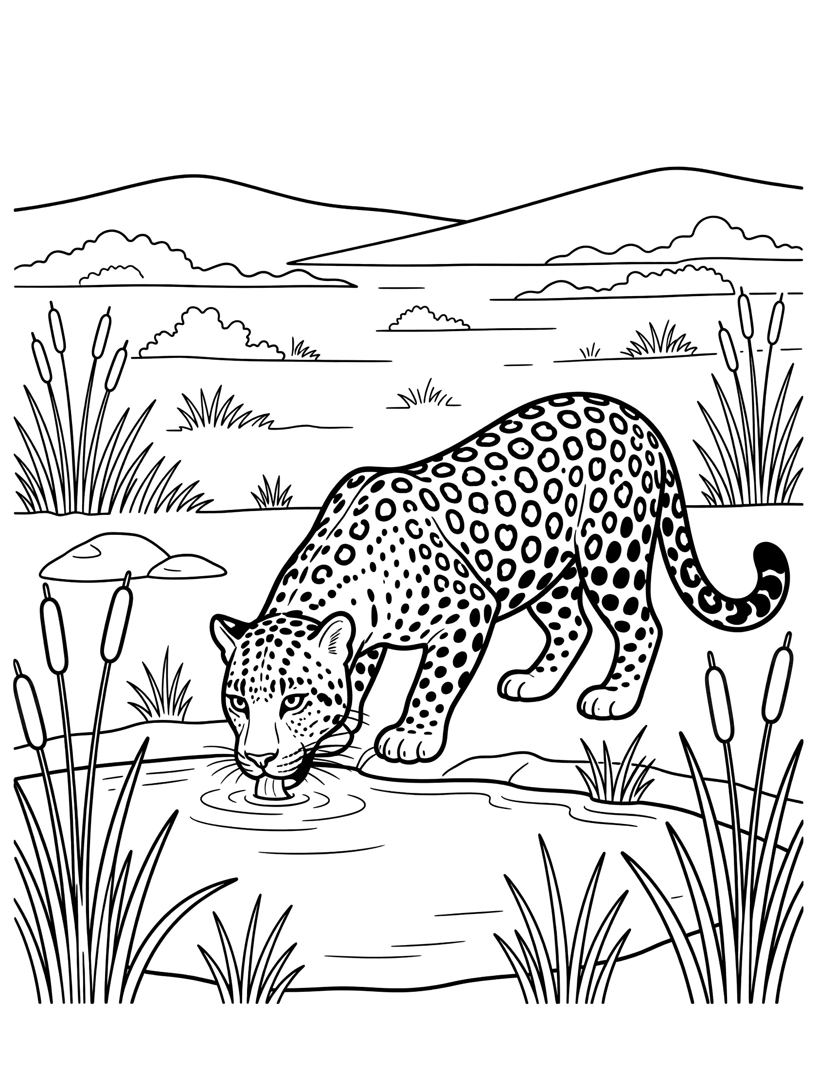 Black and white line art coloring page showing a leopard bending down to drink from a pond surrounded by tall reeds, grass, and distant hills.