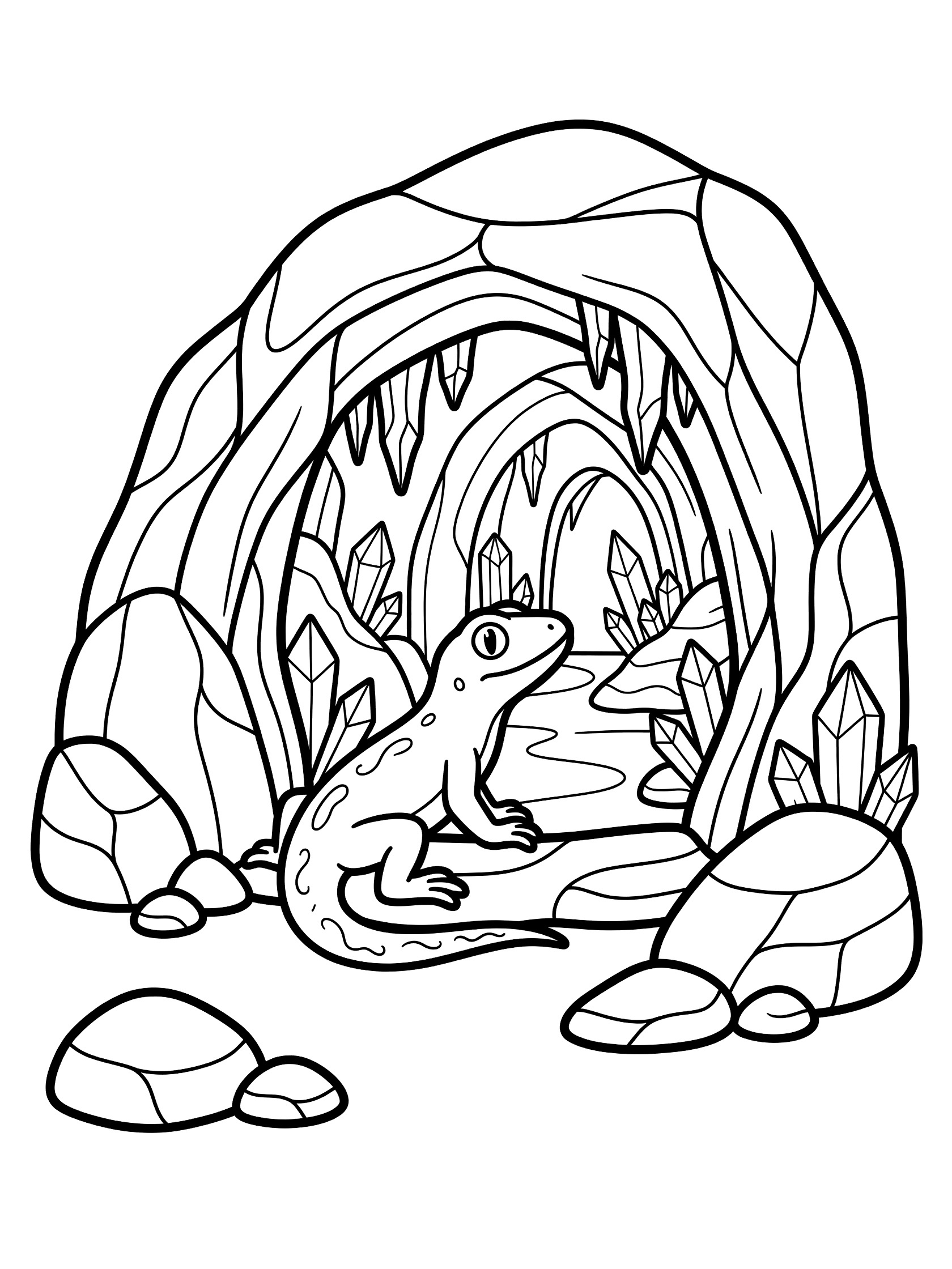 Black and white line art coloring page showing a leopard gecko sitting outside a cave entrance with jagged rocks, shiny crystals, stalactites, and small rocks around. Lizard themed black and white printable line art