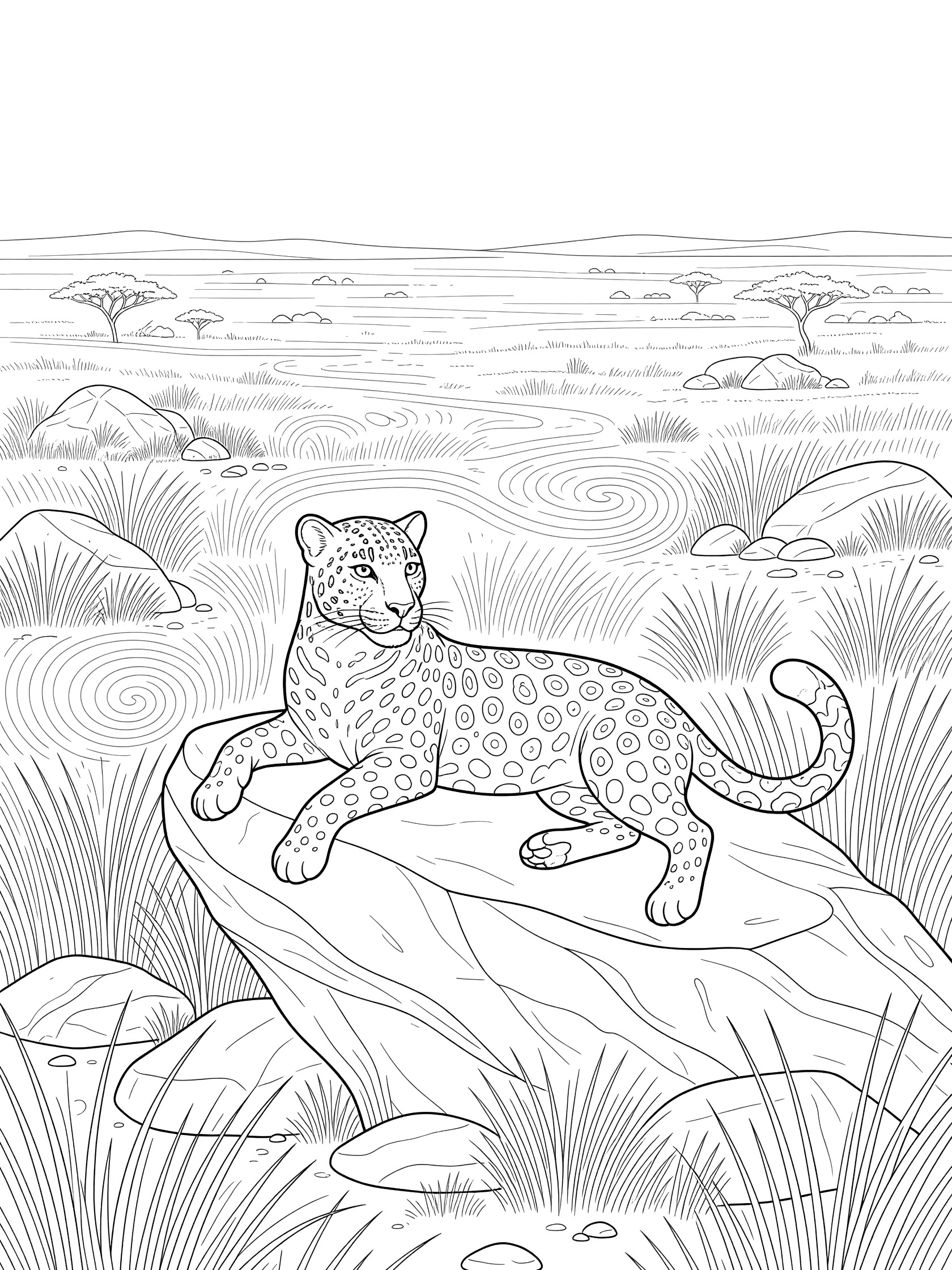 Black and white line art coloring page showing a leopard lying on a large rock with swirling grass, scattered boulders, and acacia trees in a savanna scene.