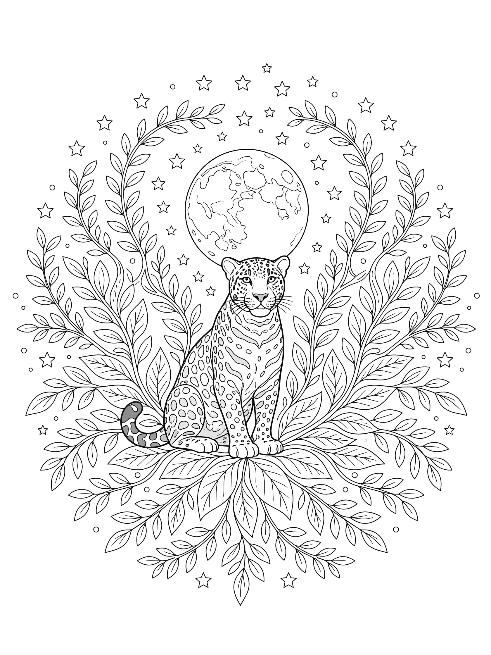 Black and white line art coloring page showing a leopard in a sitting pose centered under a large full moon, surrounded by stars, leaves, vines, and symmetrical floral patterns. Jaguar themed black and white printable line art