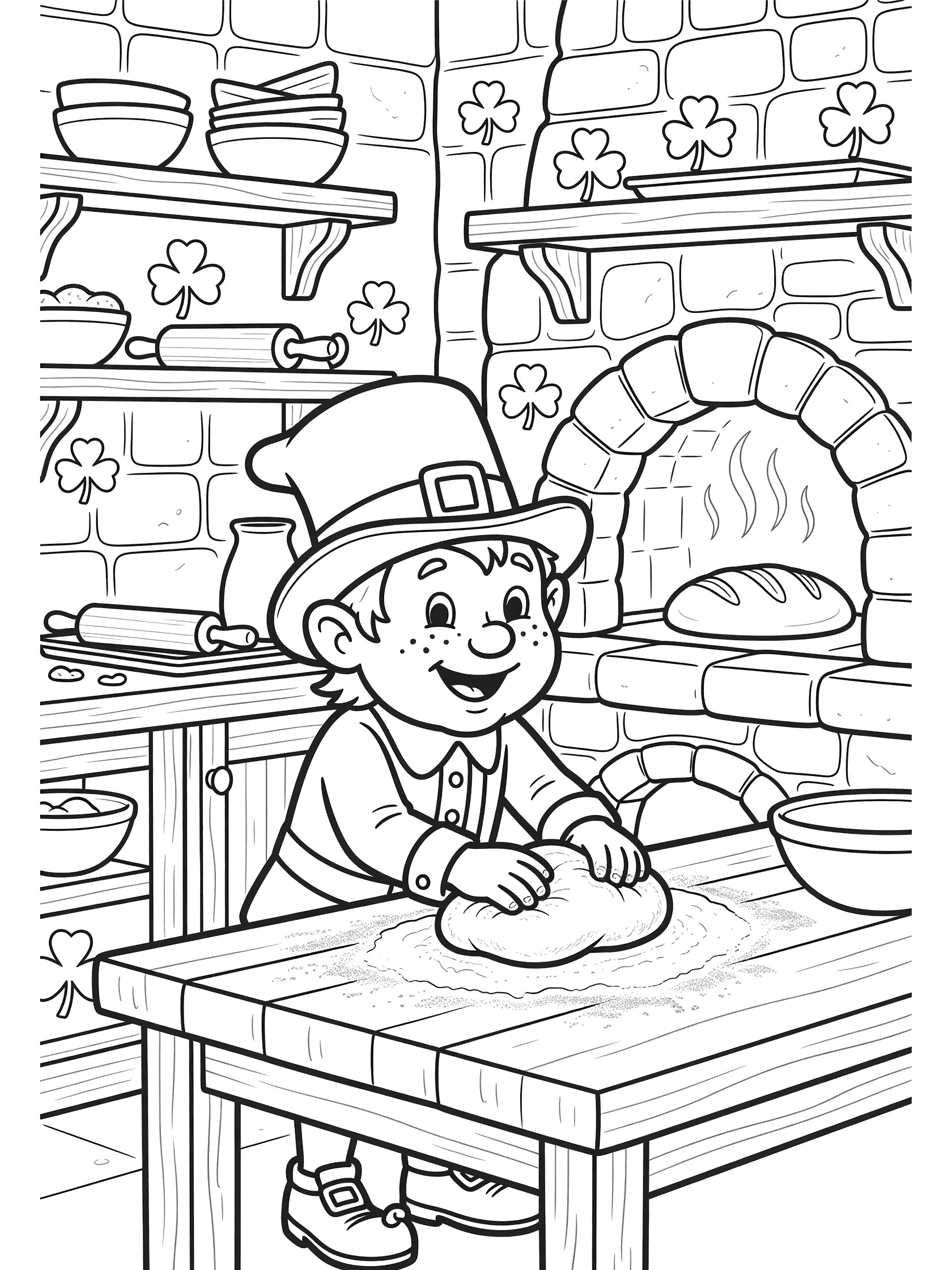 Cute cartoon leprechaun with green hat and freckles kneading bread dough at a flour-dusted table, with stone walls, shamrocks, and a rustic oven in the background