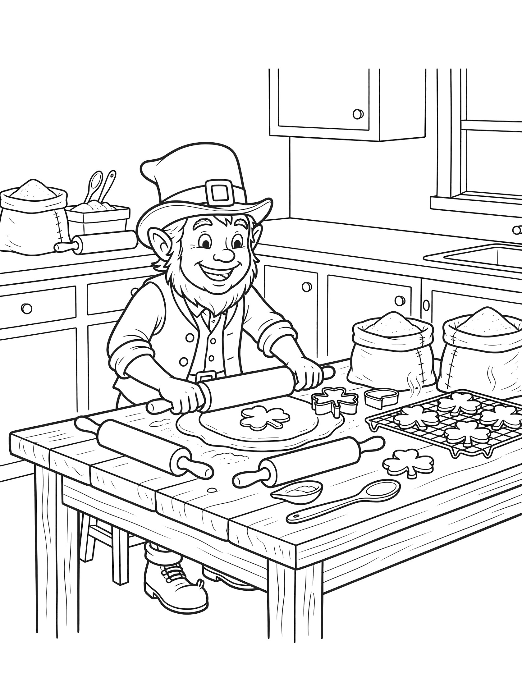 Black and white line art of a smiling leprechaun making shamrock cookies on a table with flour bags, rolling pins, and baked cookies nearby.