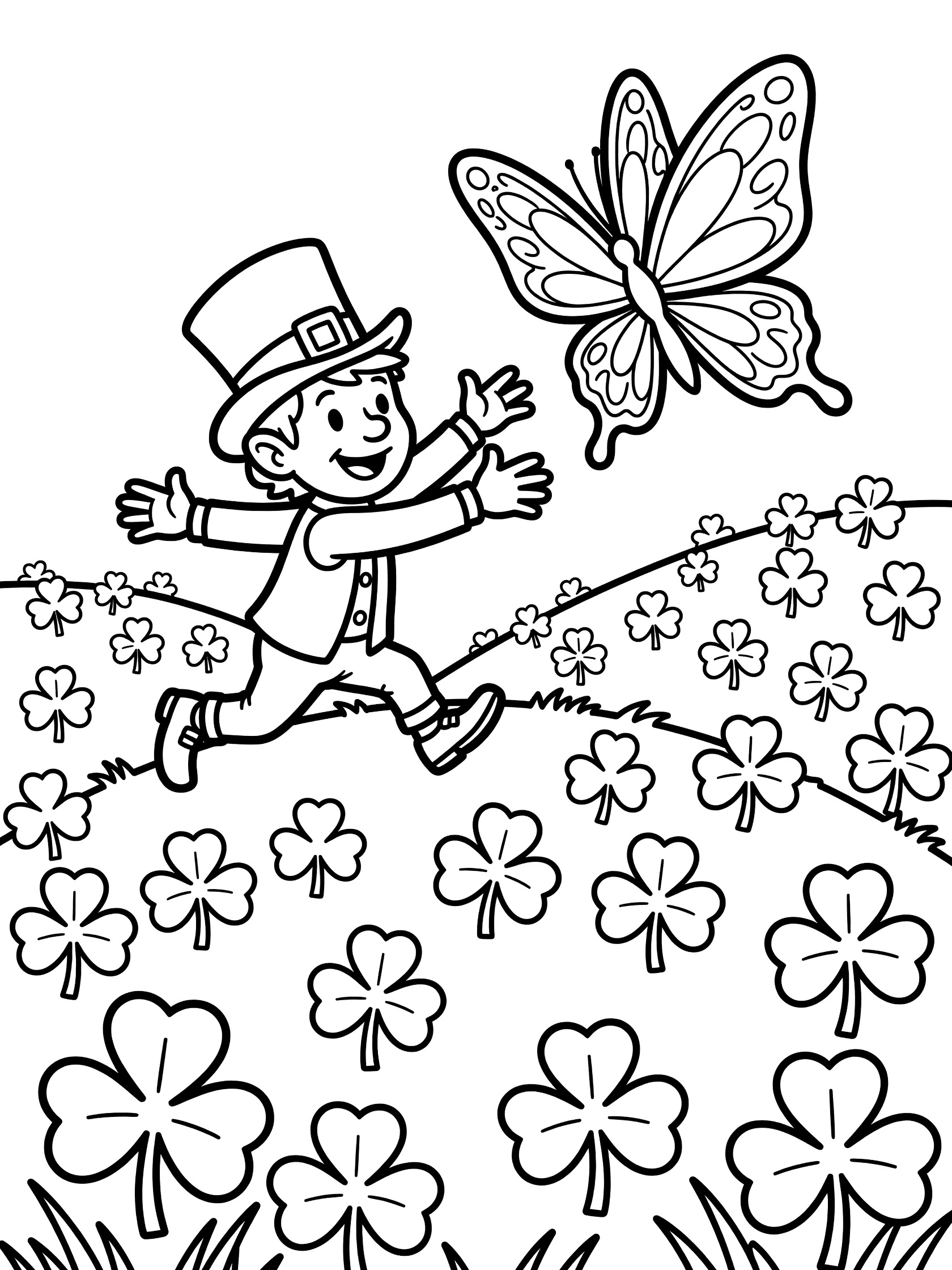 Leprechaun in green hat and coat running with arms out to catch a butterfly above a clover-covered hill coloring page